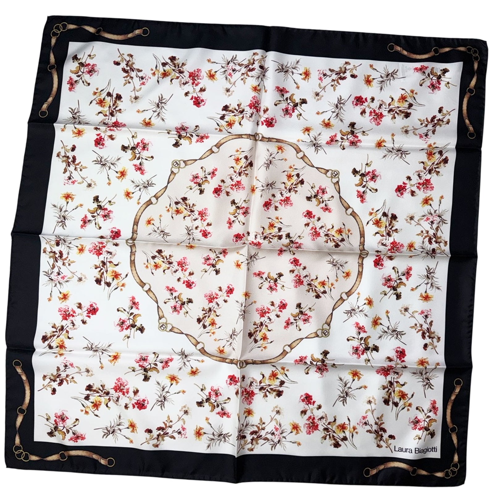 new Laura Biagiotti Silk Scarf Brown White Floral - Square Foulard
