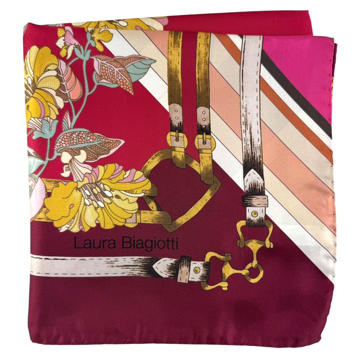 New Biagiotti Silk Scarf Fuchsia Mustard Sage Floral 