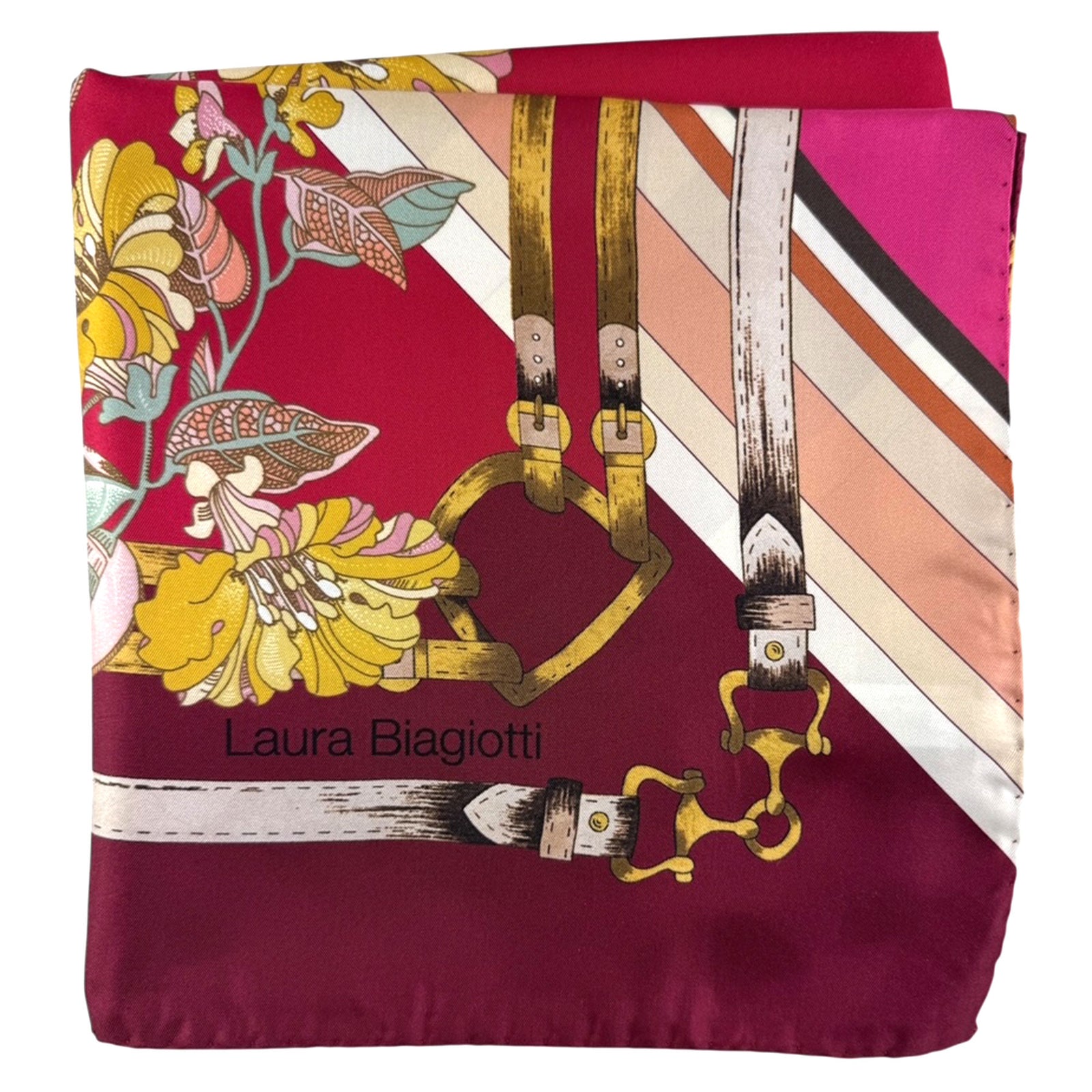 New Biagiotti Silk Scarf Fuchsia Mustard Sage Floral 