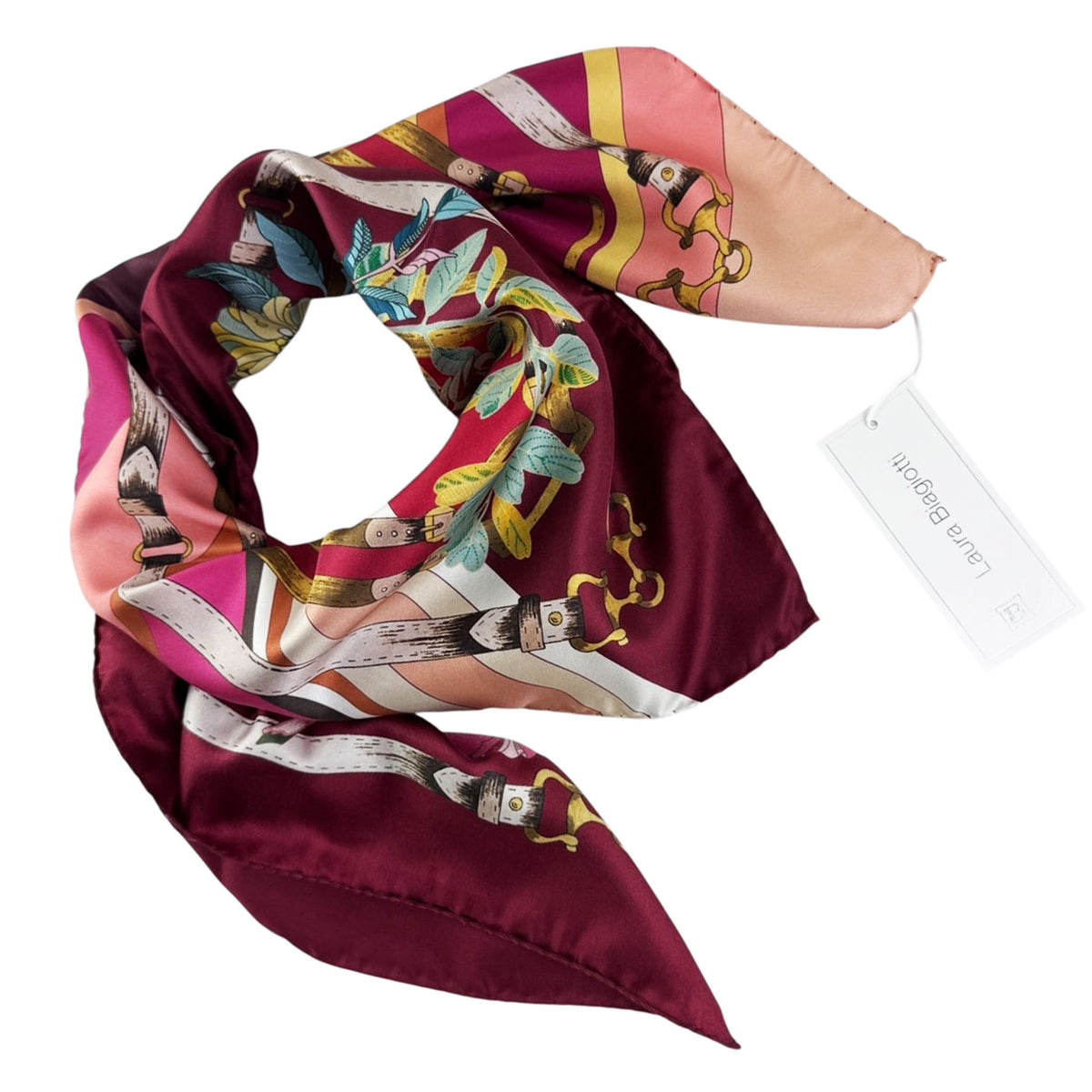 Laura Biagiotti Silk Scarf Maroon Fuchsia Mustard Sage Floral - Square Foulard
