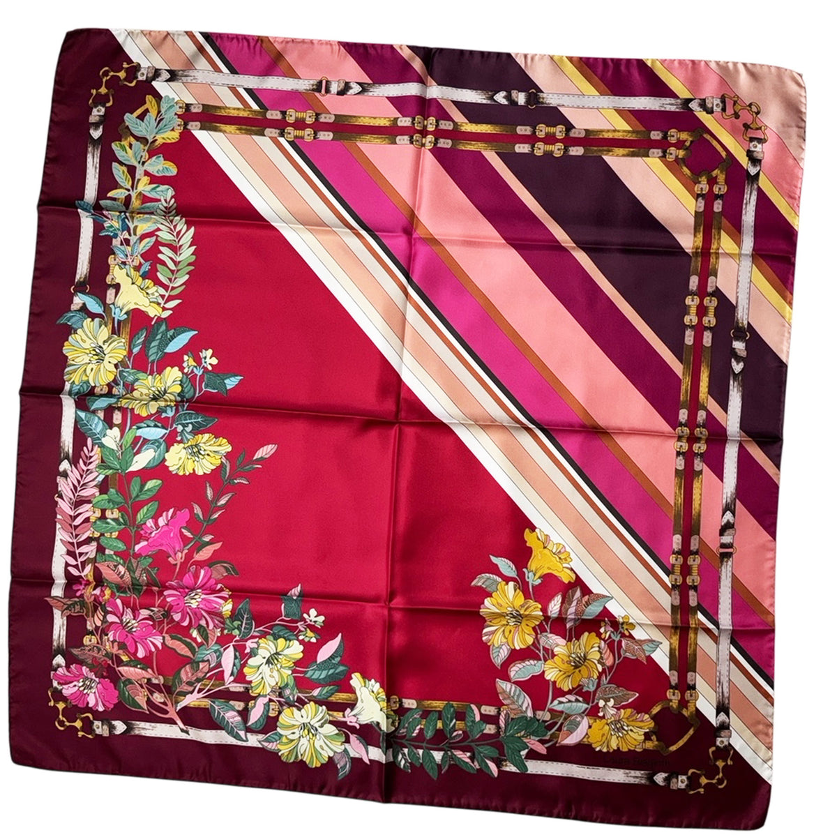 Laura Biagiotti Silk Scarf Maroon Fuchsia Mustard Sage Floral - Square Foulard