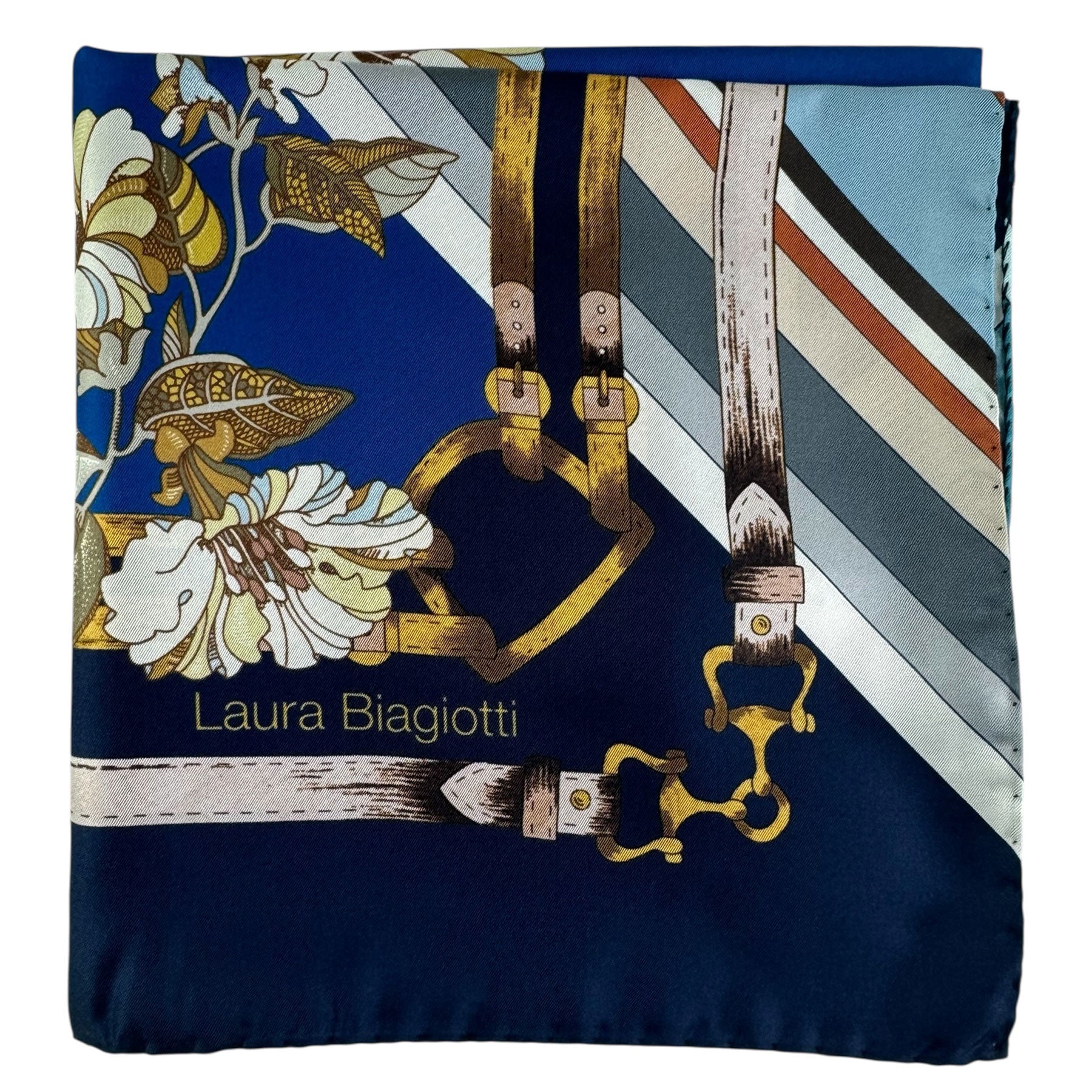 Laura Biagiotti scarf with floral and belt design on a blue background