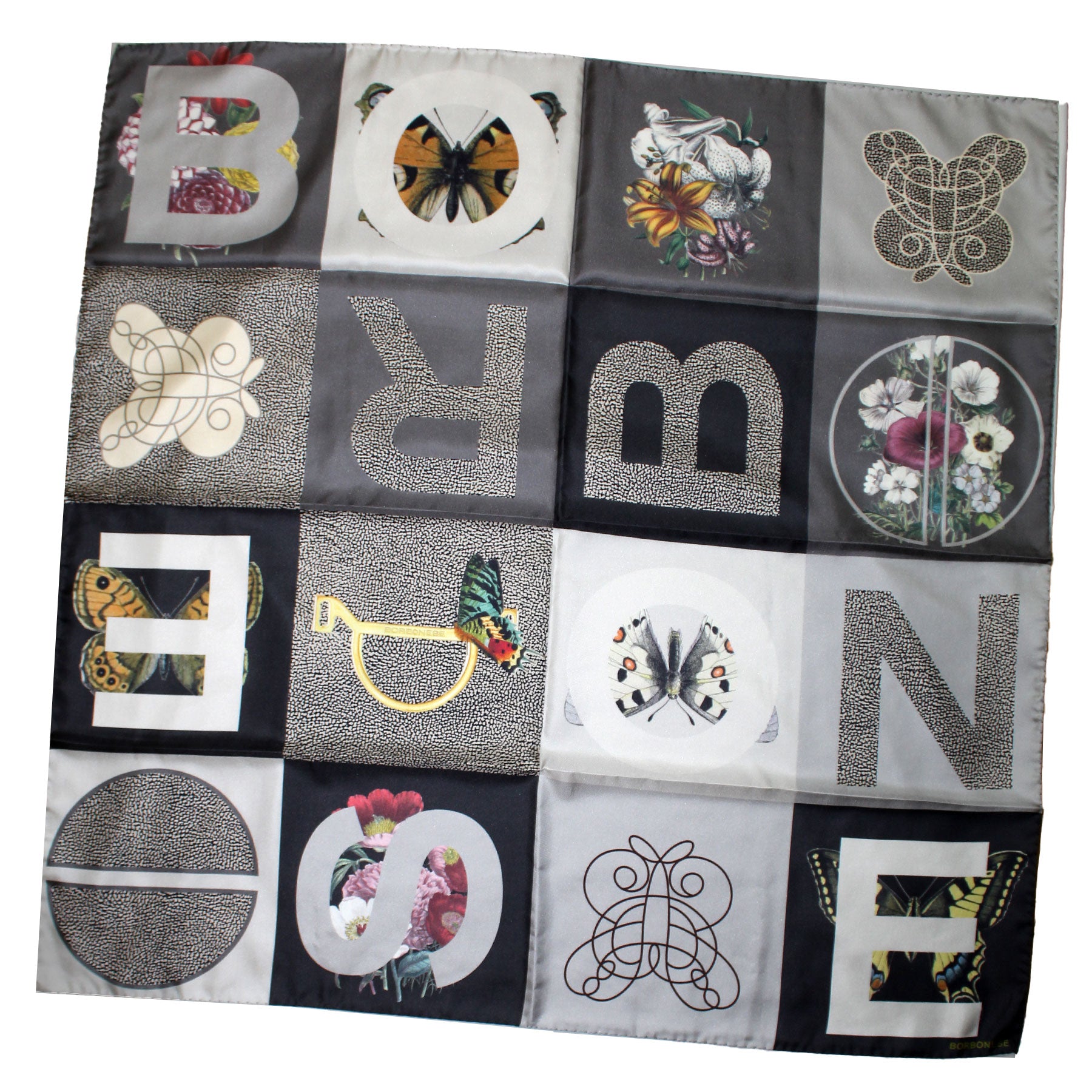 Borbonese Scarf Gray Black Patch Logo Design - Twill Silk Square Scarf