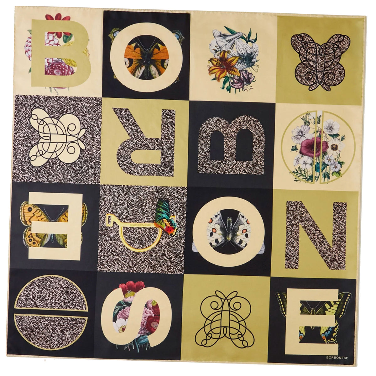 Borbonese Scarf Gray Black Patch Logo Design - Twill Silk Square Scarf