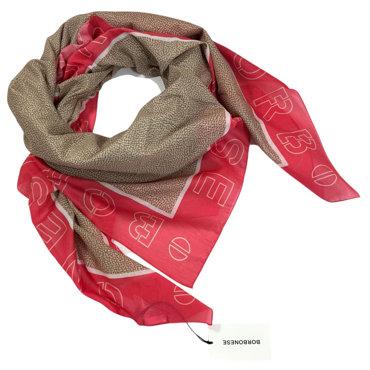 Borbonese Scarf Pink Beige Eye Of Partridge Logo Design - Extra Large Cotton Shawl SALE
