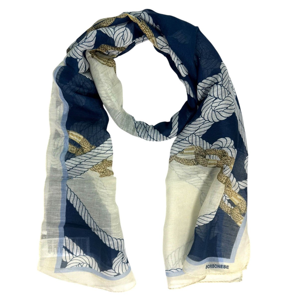 Borbonese Scarf Navy Blue Nautical Design - Linen Silk Shawl