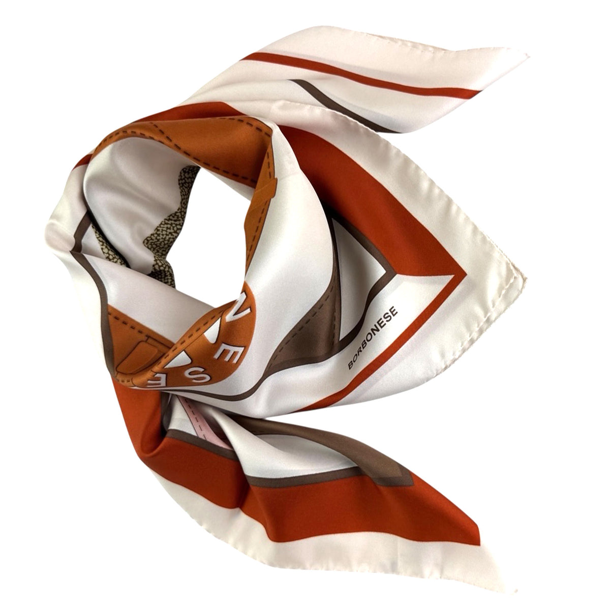 Borbonese Scarf White Brown Signature Design - Twill Silk Square Foulard