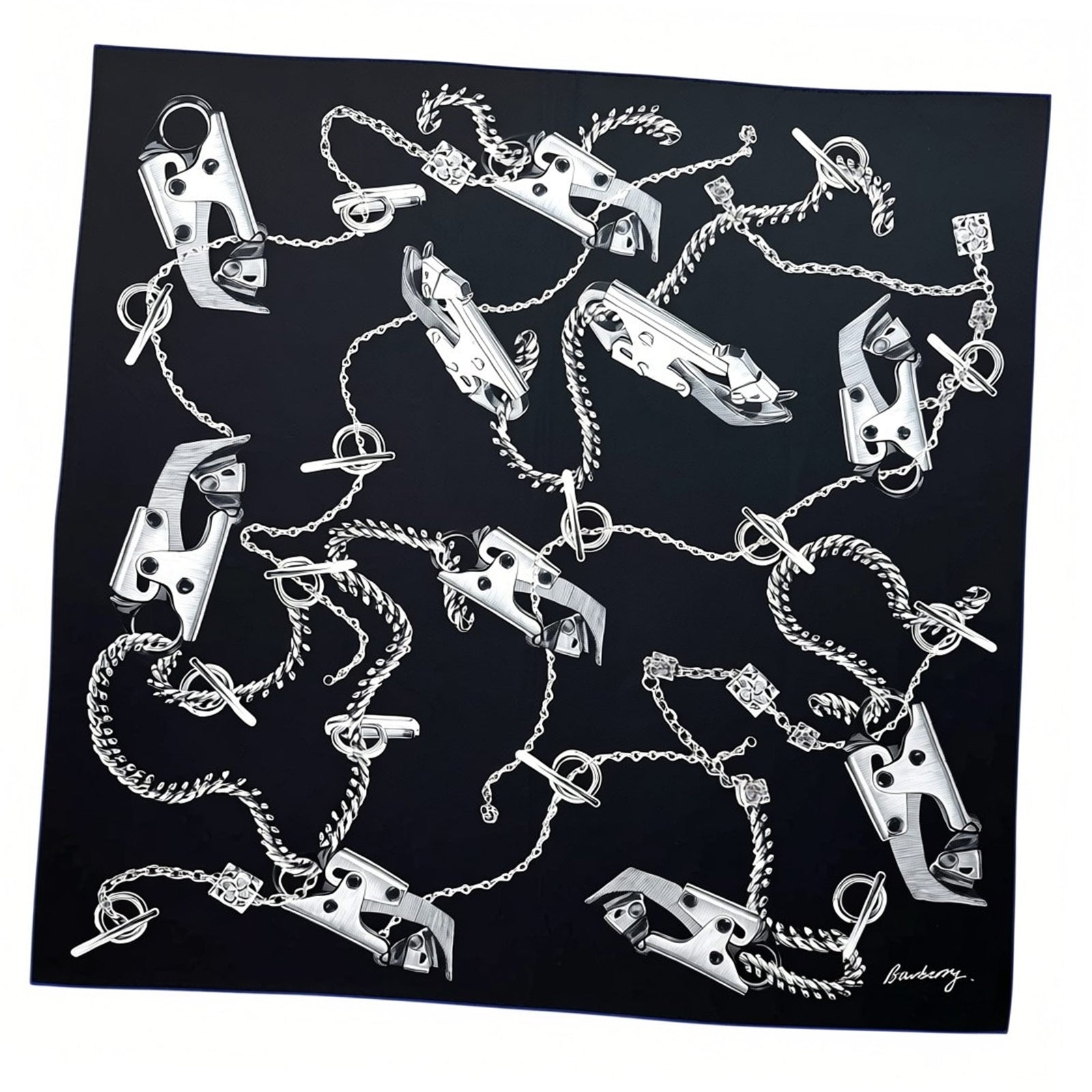 Burberry Silk Scarf Black Chain Knight Clip Design Twill Silk Foulard FINAL SALE