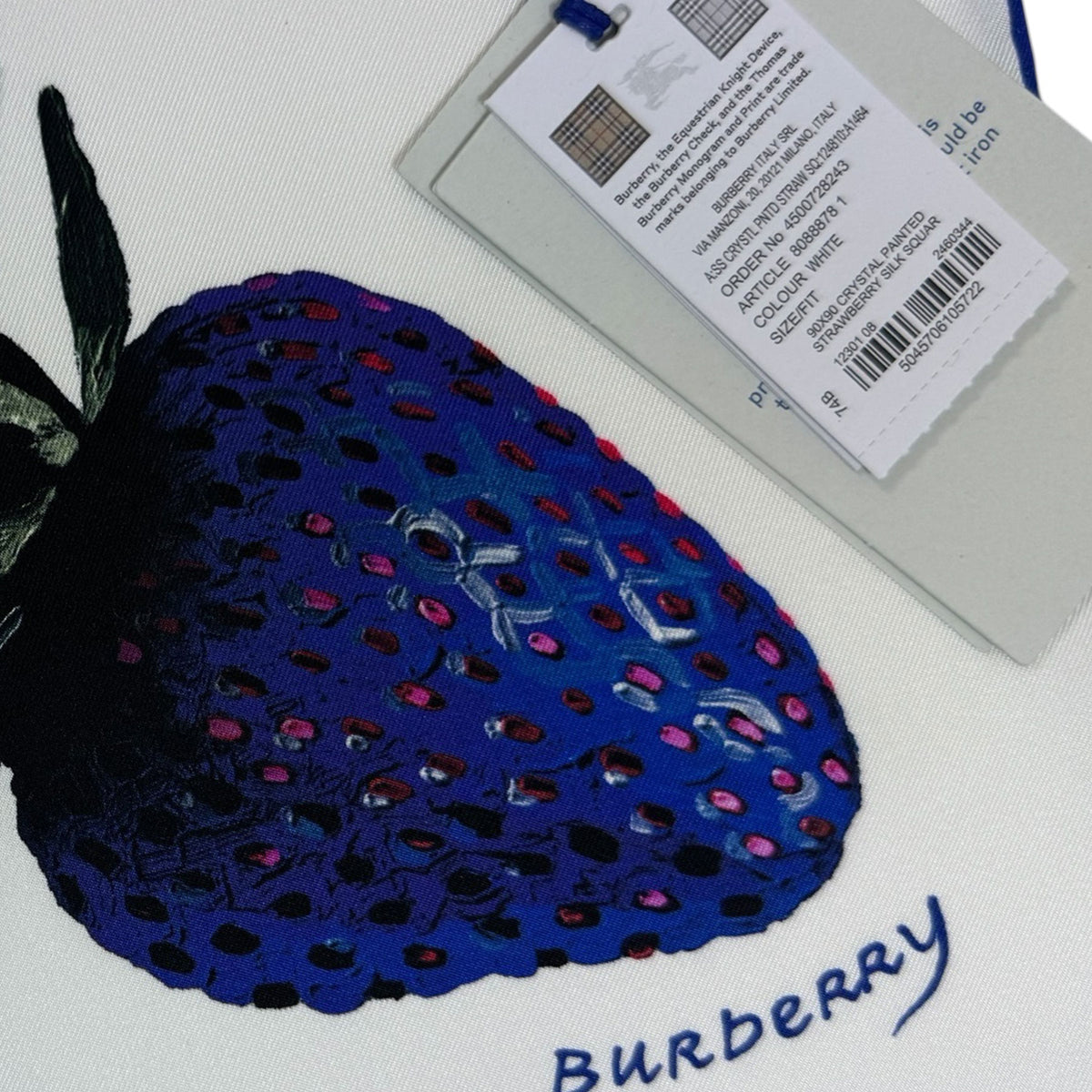 Burberry Scarf Painted Strawberry &amp; Crystals - Luxury Twill Silk Foulard  REDUCED - SALE