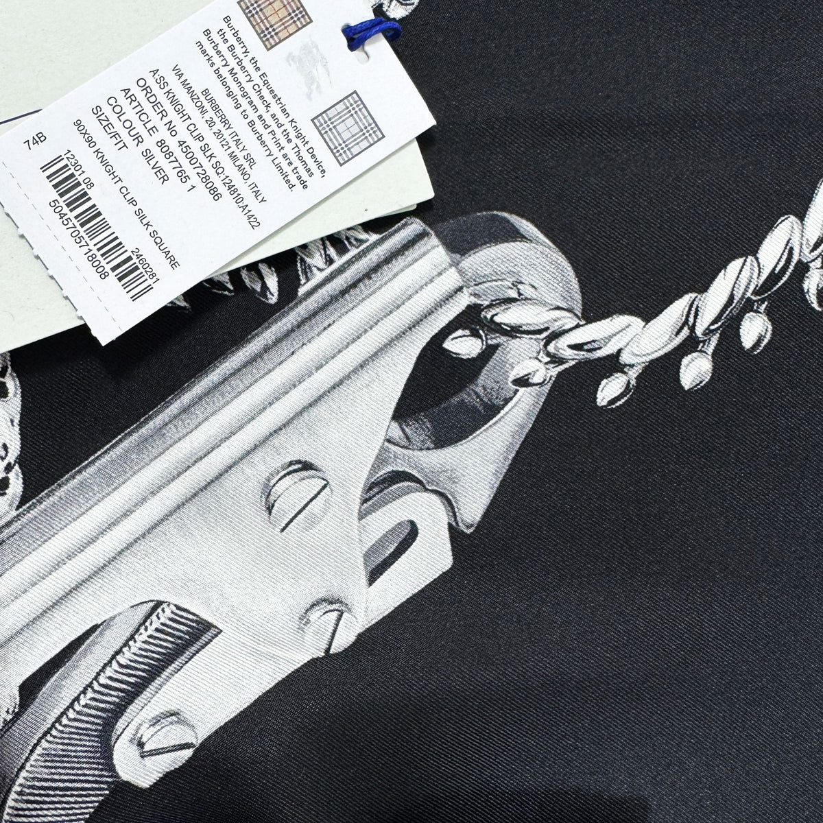 Burberry Silk Scarf Black Chain Knight Clip Twill Silk Foulard