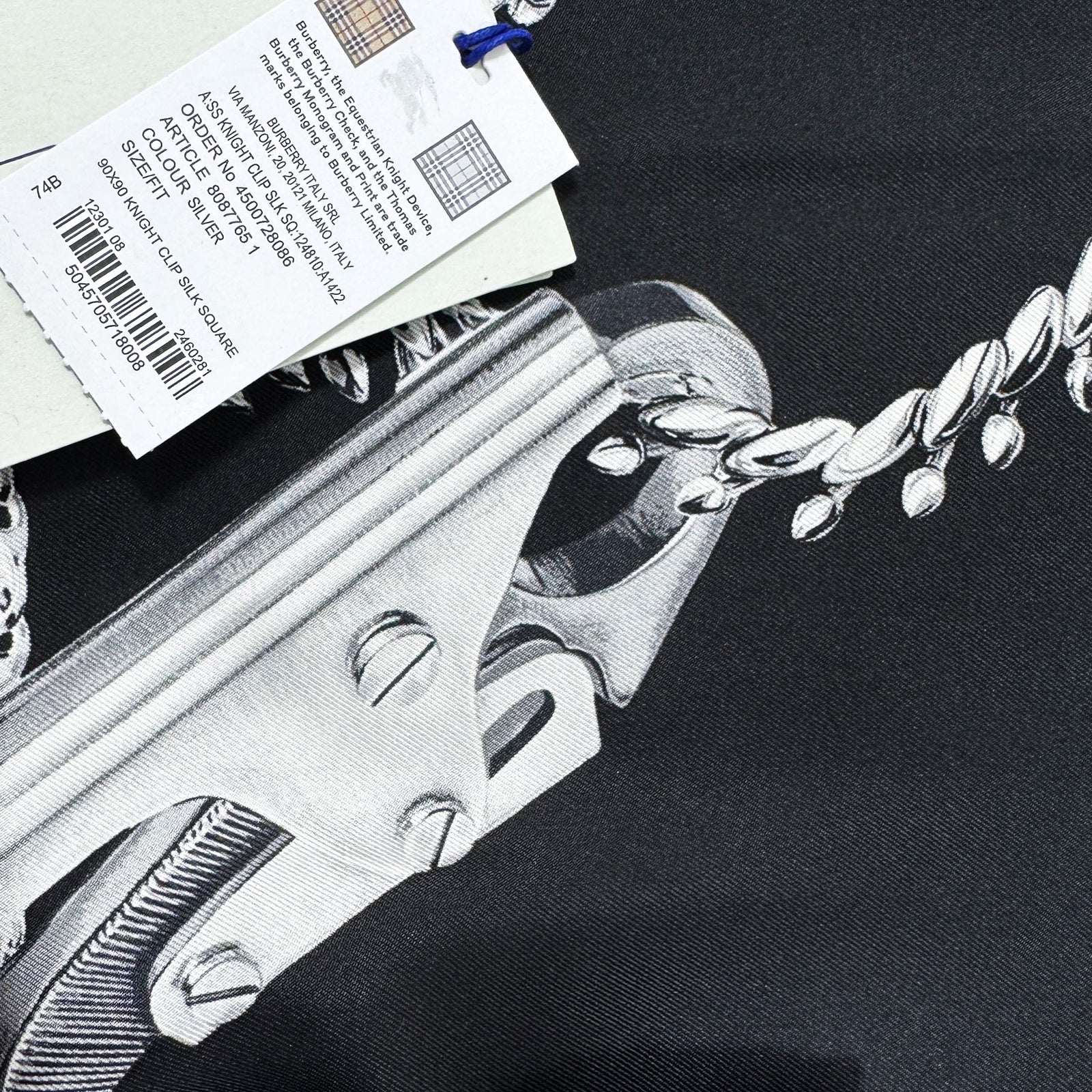 Burberry Silk Scarf Black Chain Knight Clip Design - Twill Silk Foulard