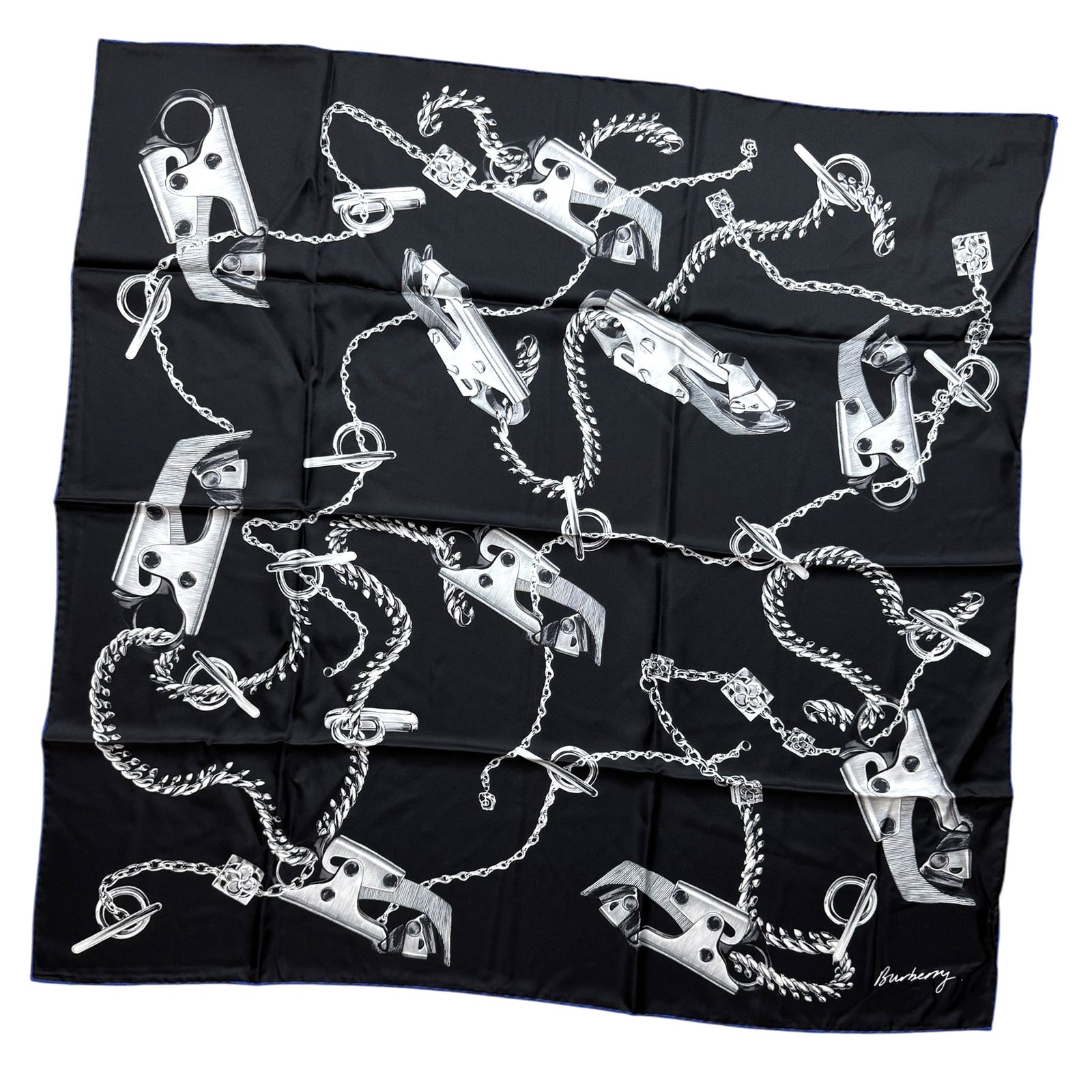 Burberry Silk Scarf Black Chain Knight Clip Design - Twill Silk Foulard