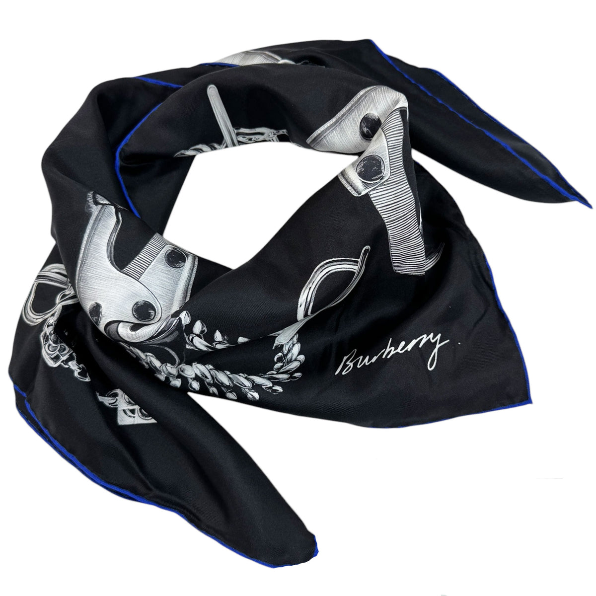 Burberry Silk Scarf Black Chain Knight Clip Design - Twill Silk Foulard SALE