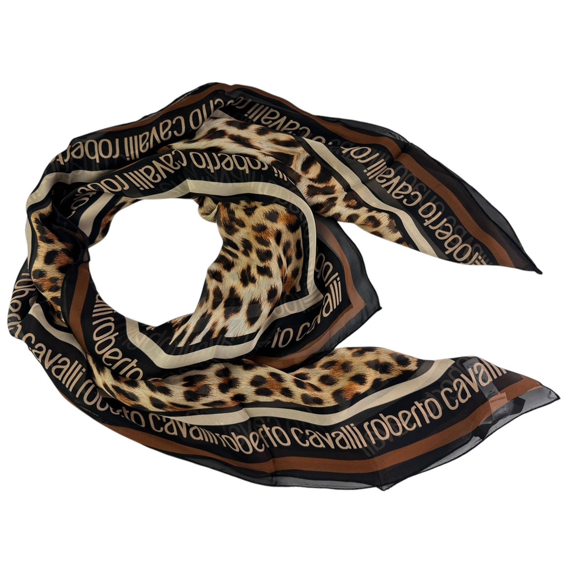 Roberto Cavalli scarf with leopard print and branding on a white background