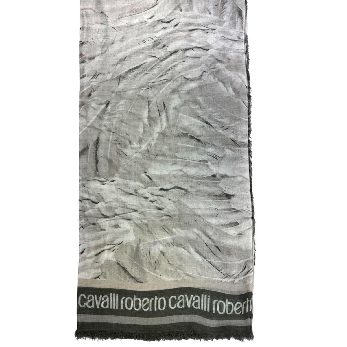 Scarf with a textured pattern and &#39;cavalli roberto cavalli&#39; branding on a white background