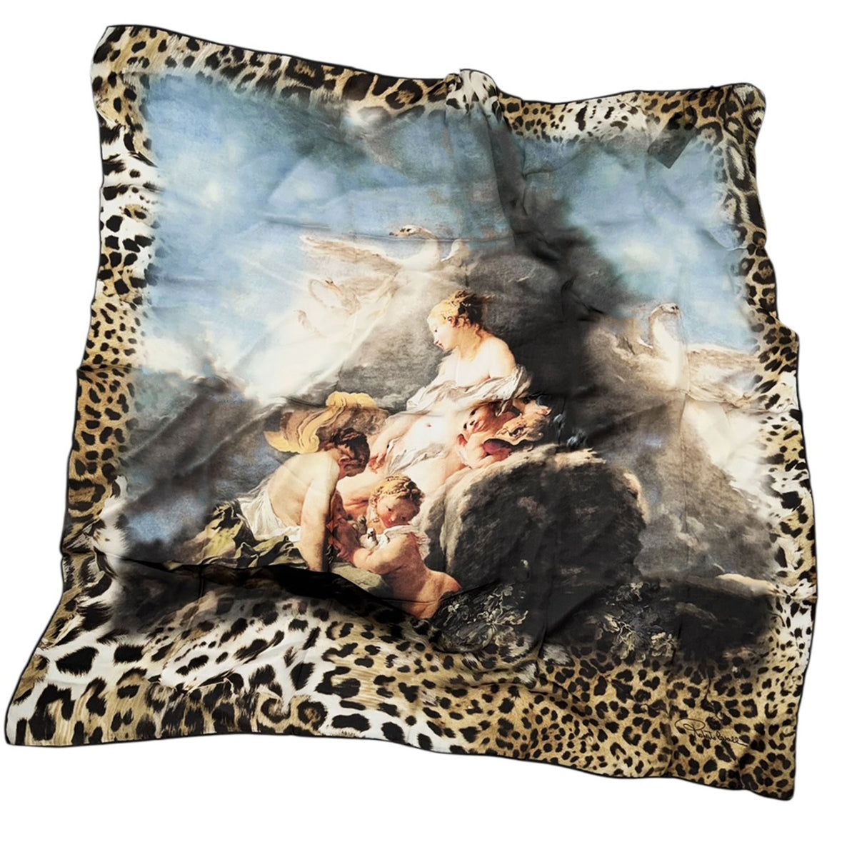 Scarf with classical painting design and leopard print border