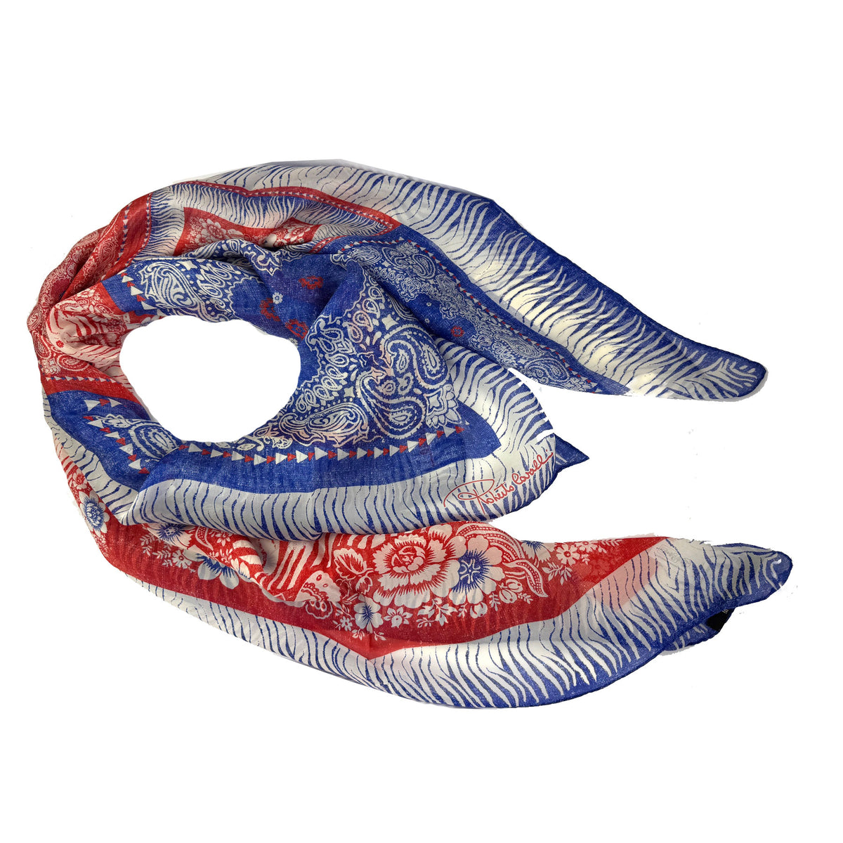 Roberto Cavalli Scarf Blue Red Paisley &amp; Floral - Extra Large Square Shawl