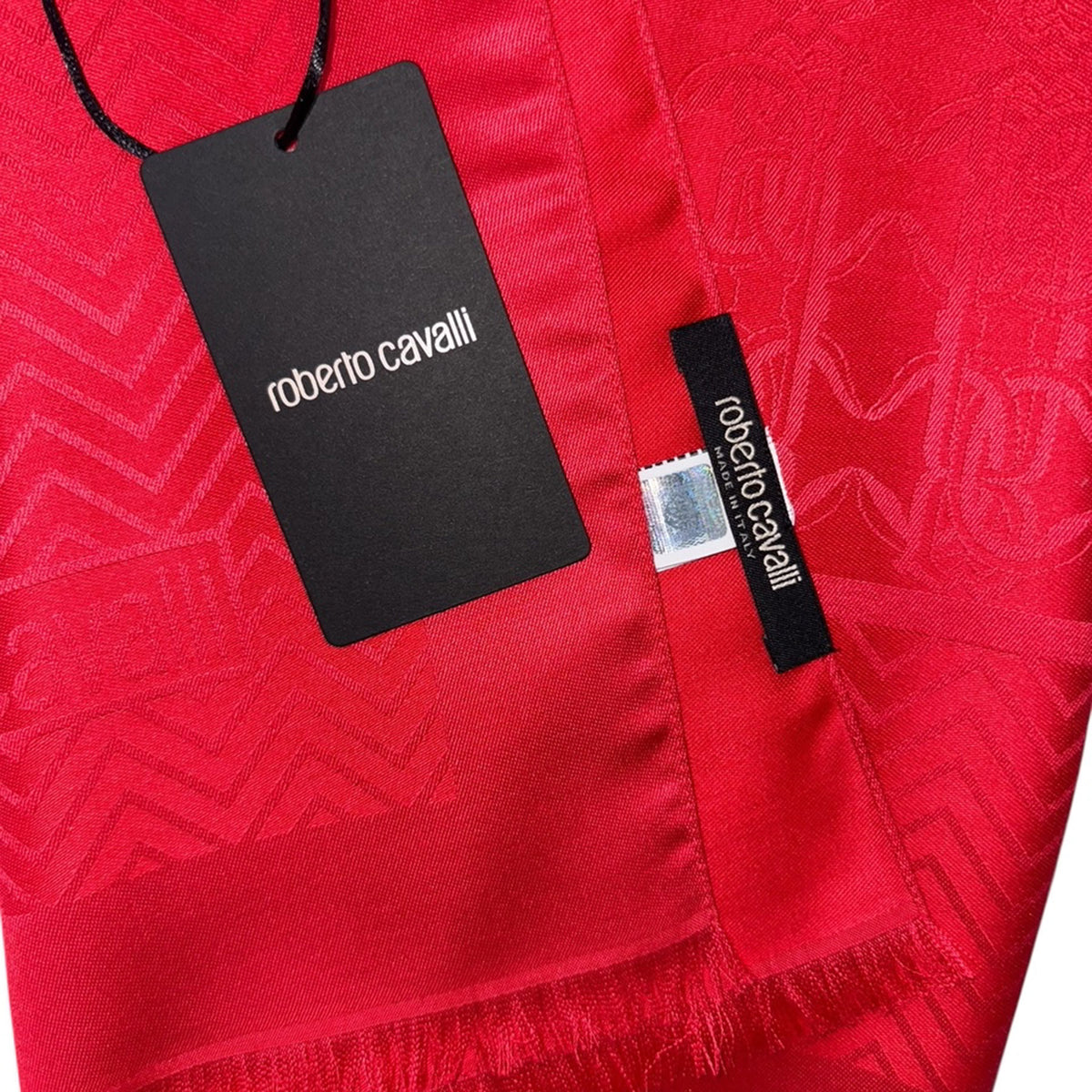 Roberto Cavalli Scarf Red Zig Zag &amp; Mirror Snake Monogram - Woo Silk Shawl