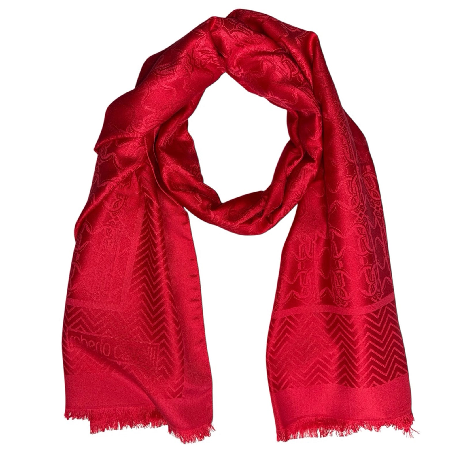 Roberto Cavalli Scarf Red Zig Zag & Mirror Snake Monogram - Woo Silk Shawl 