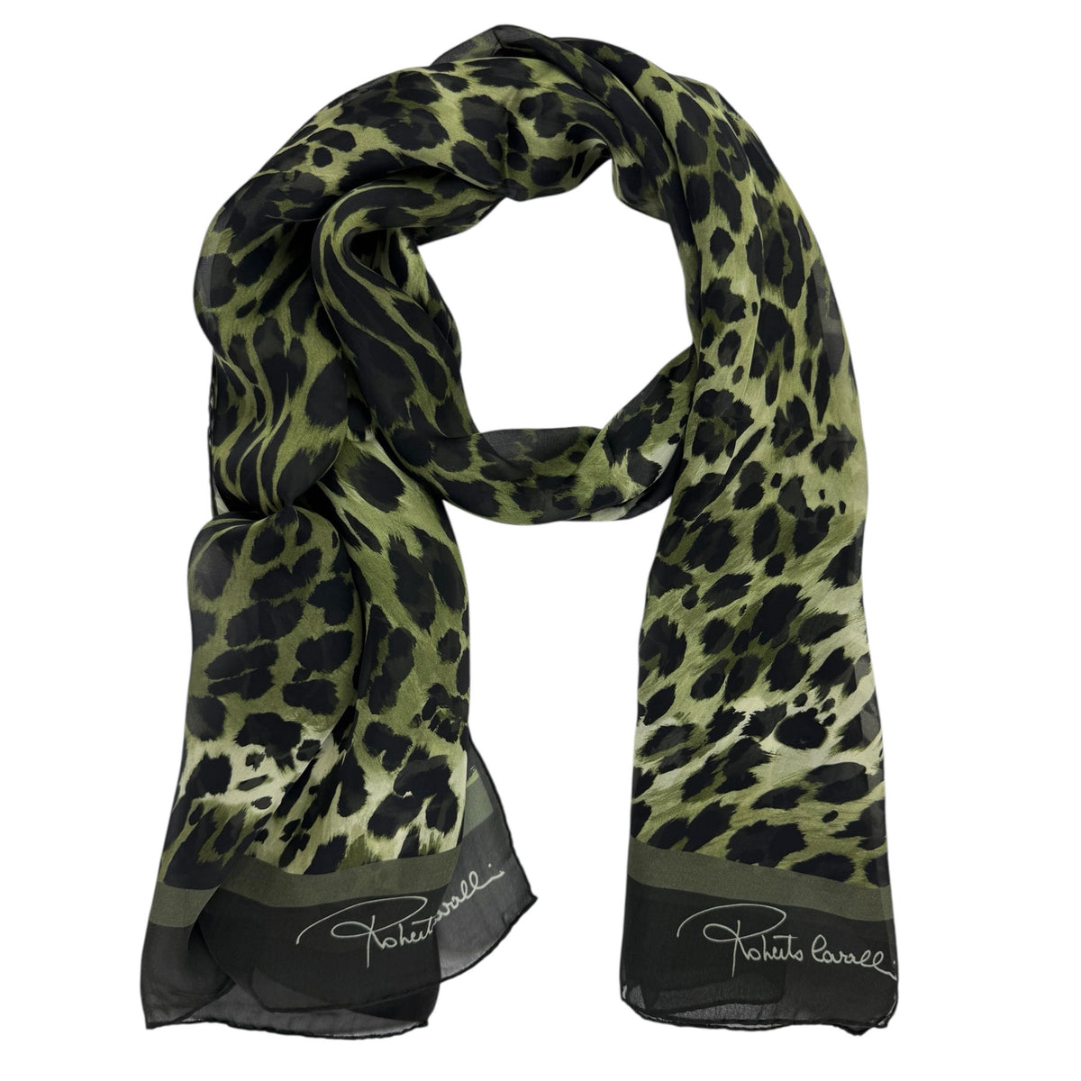 Roberto Cavalli Scarf Green Black Leopard Print - Silk Shawl