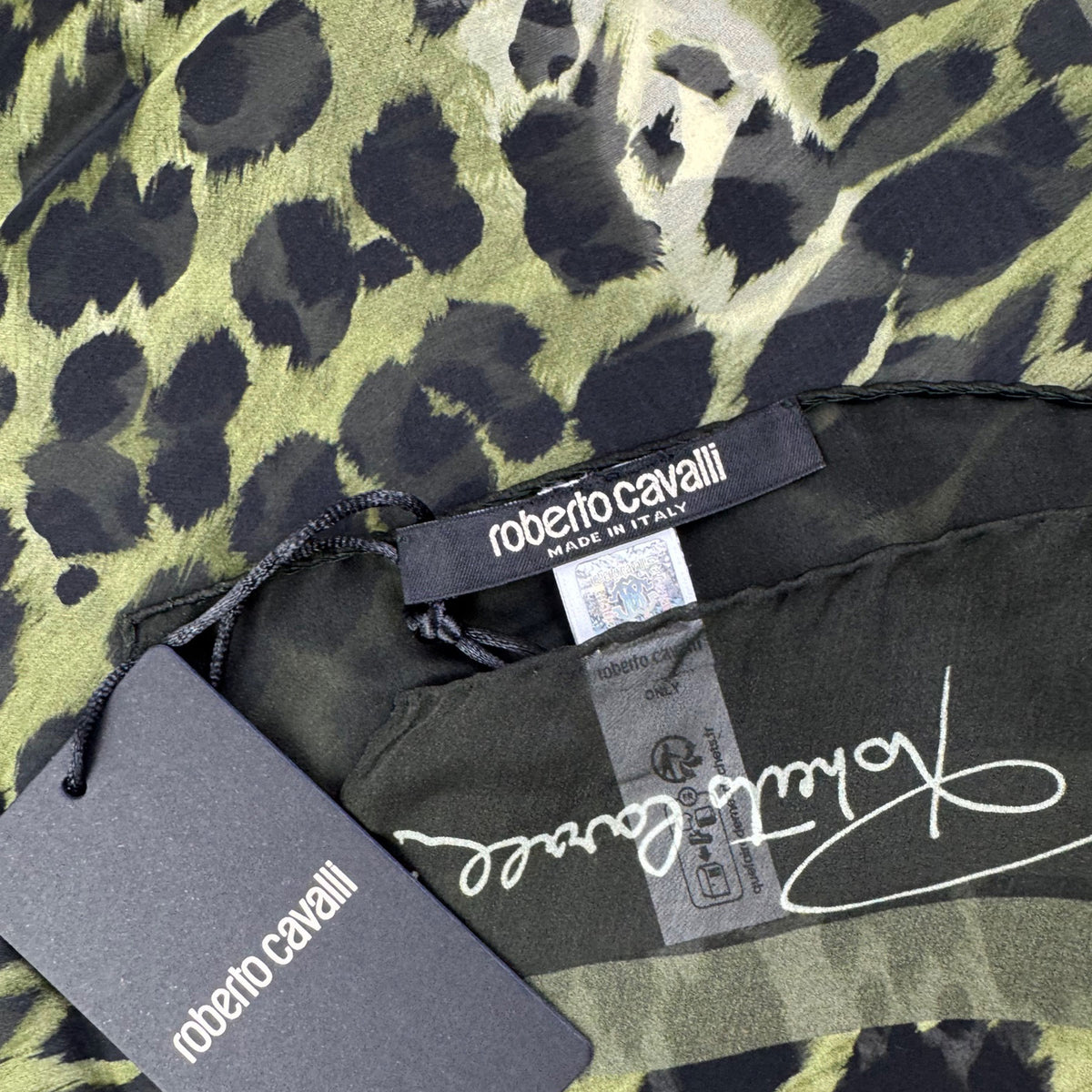 Roberto Cavalli Scarf Green Black Leopard Print - Silk Shawl