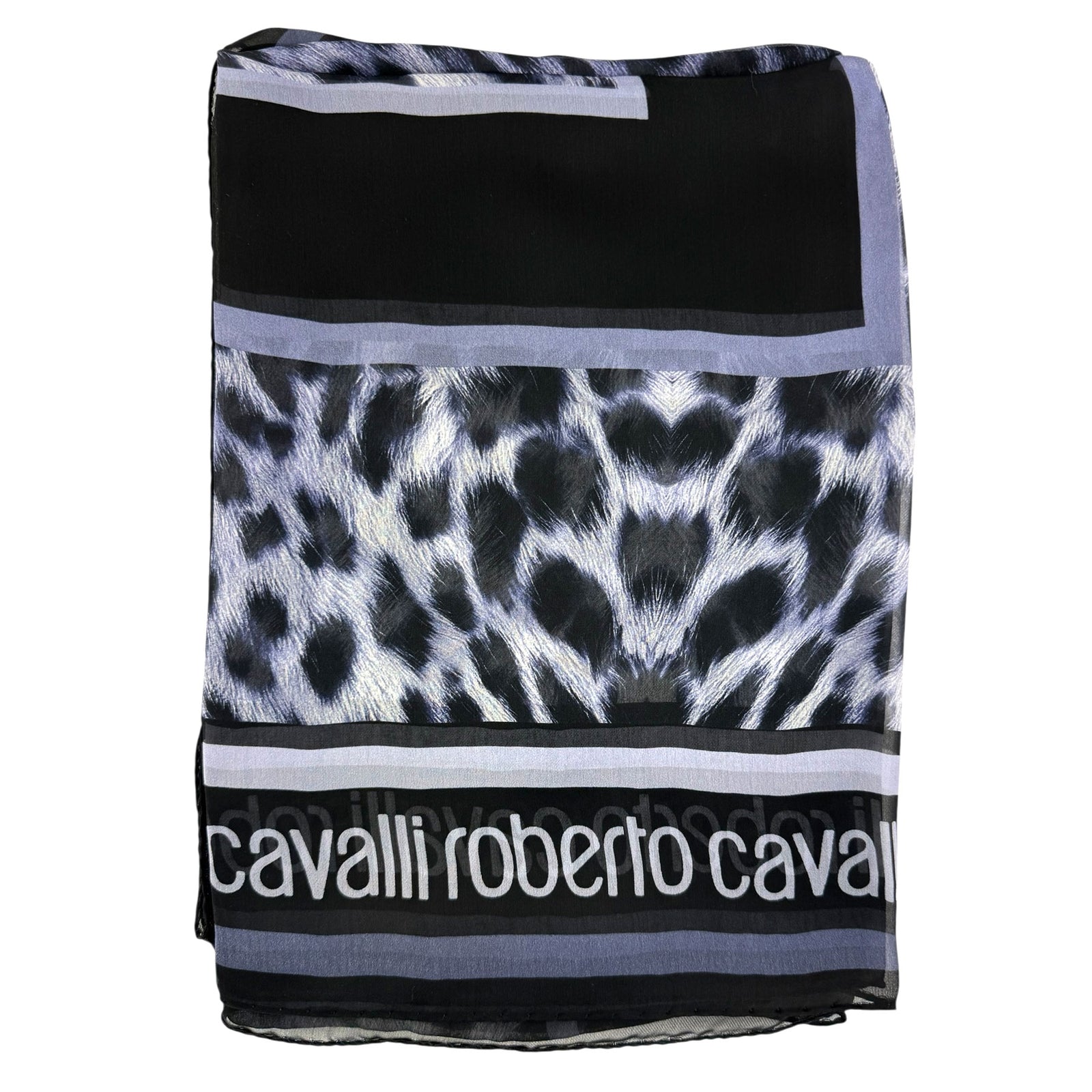 Roberto Cavalli Scarf Gray Black Purple Leopard Print - Silk Shawl