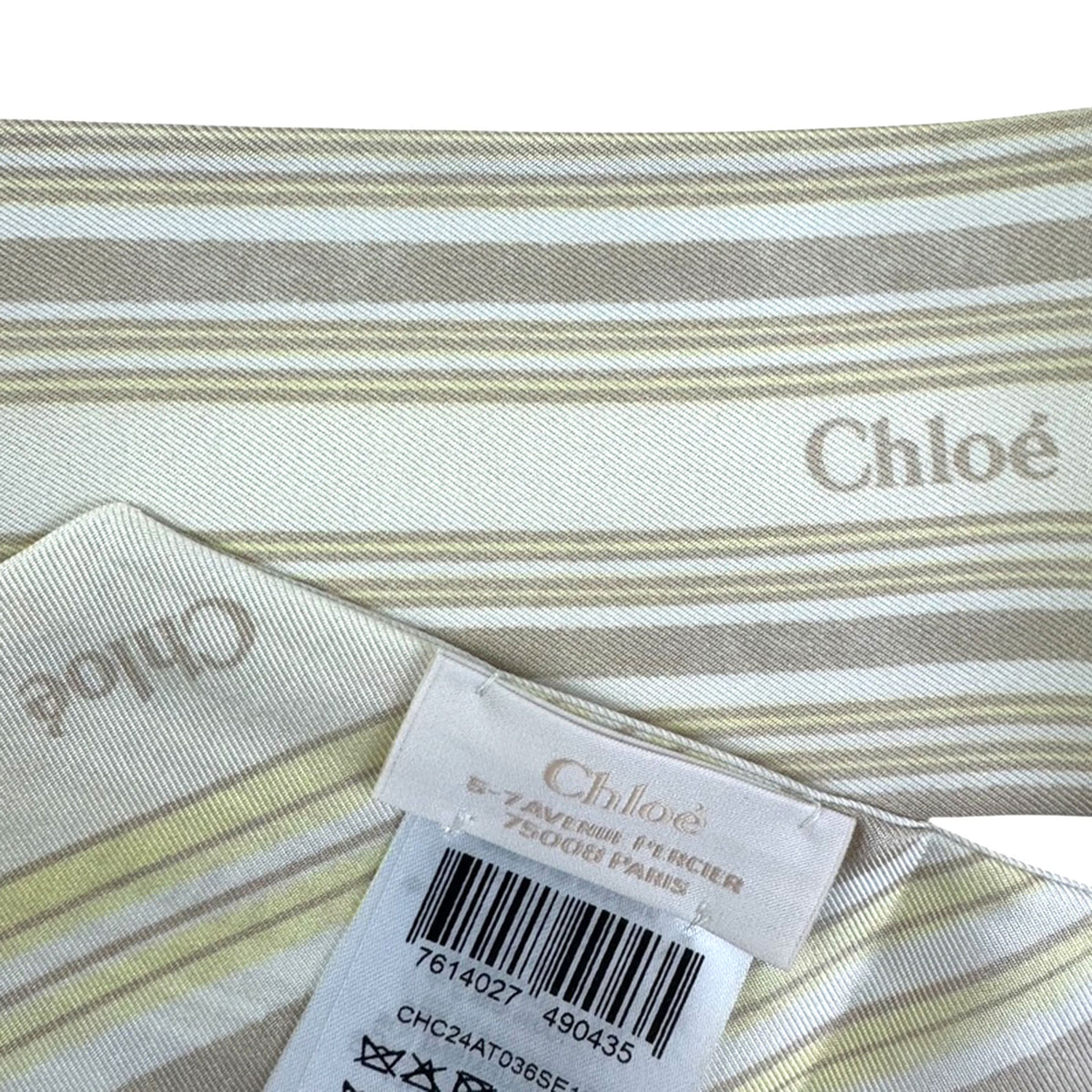 Chloé Skinny Scarf White Taupe Yellow Stripes Twill Silk Bandeau
