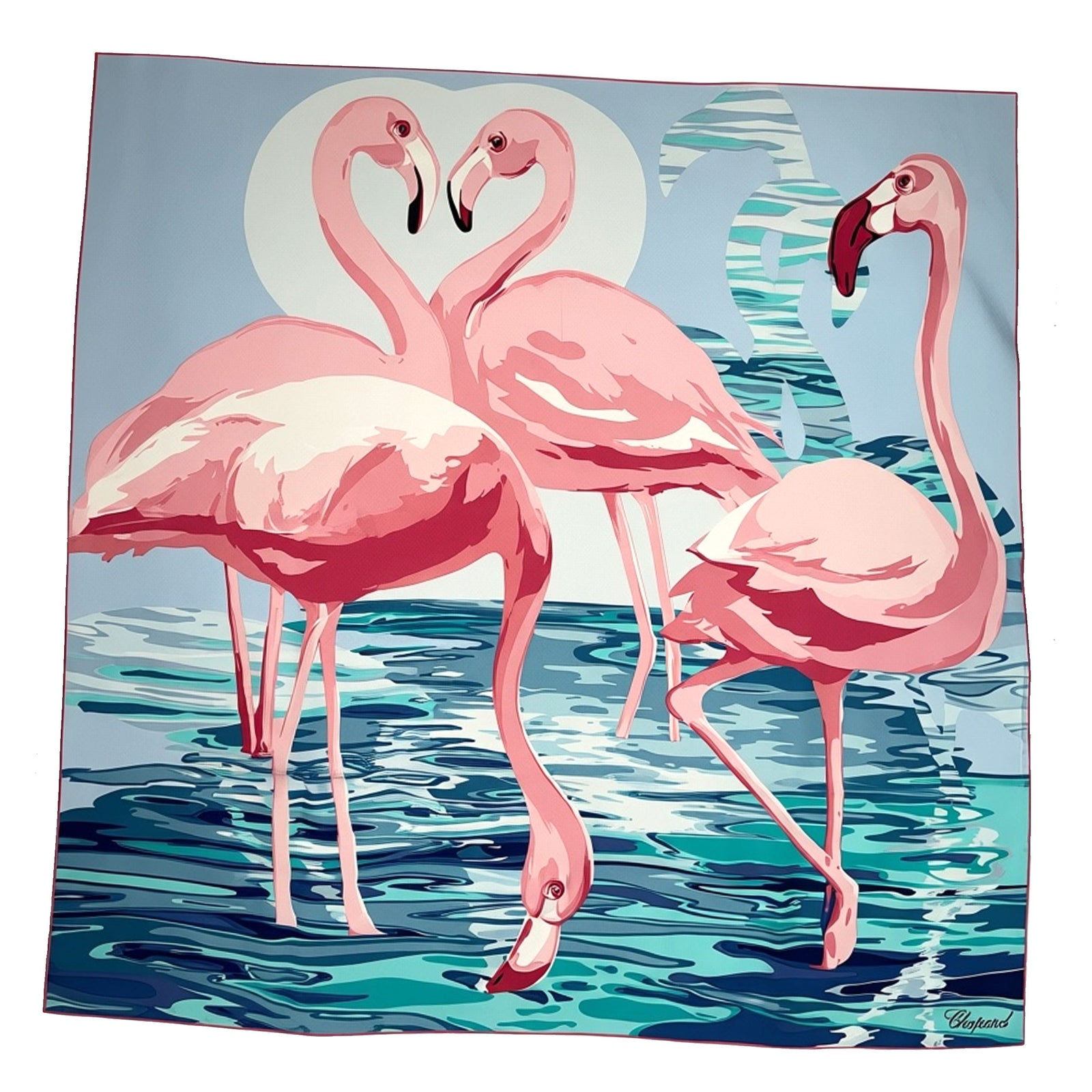 Chopard Scarf Blue Seafoam Pink Flamingo Design - Twill Silk Square Foulard
