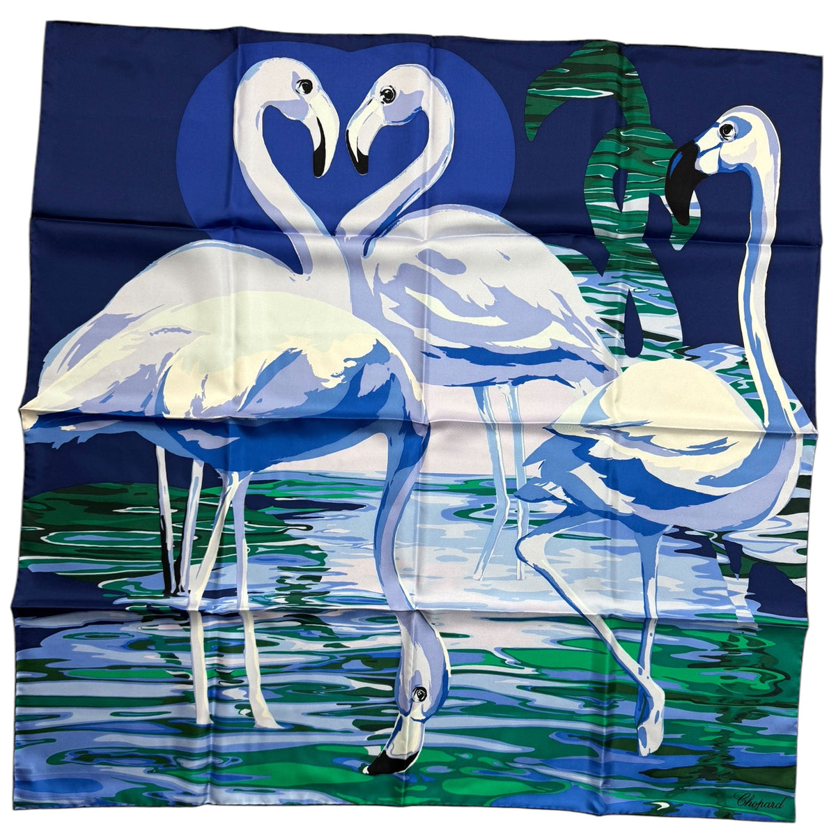 Chopard Scarf Blue Seafoam Pink Flamingo Design - Twill Silk Square Foulard