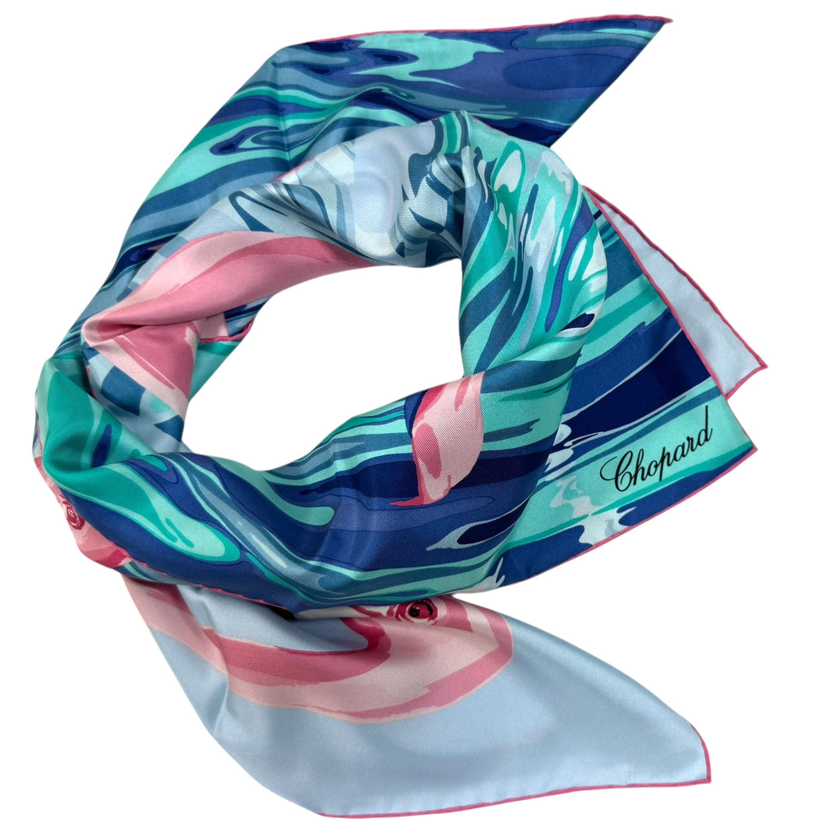 Chopard Scarf Blue Seafoam Pink Flamingo Design - Twill Silk Square Foulard