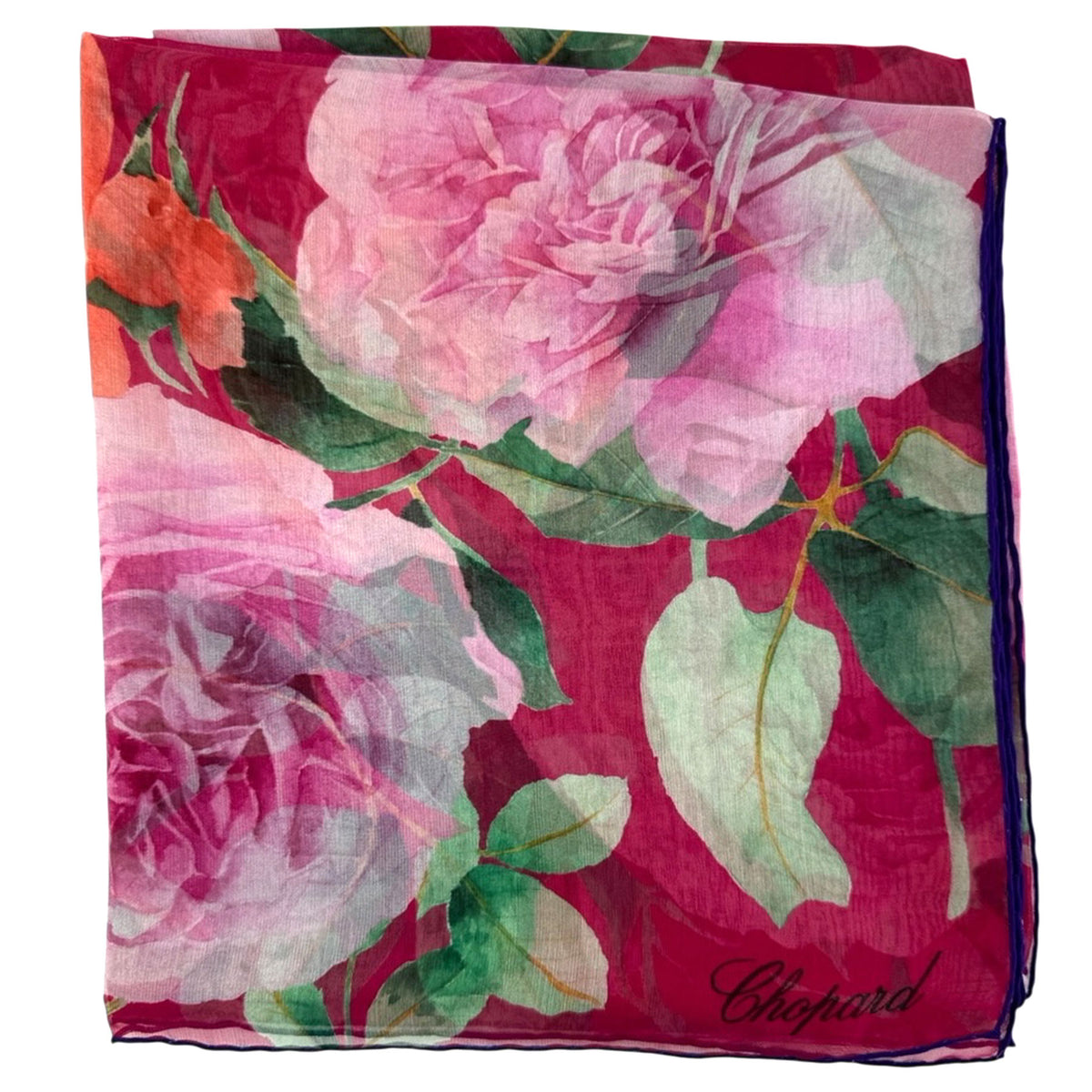 Floral scarf with pink roses and green leaves on a red background, featuring the Chopard logo.
