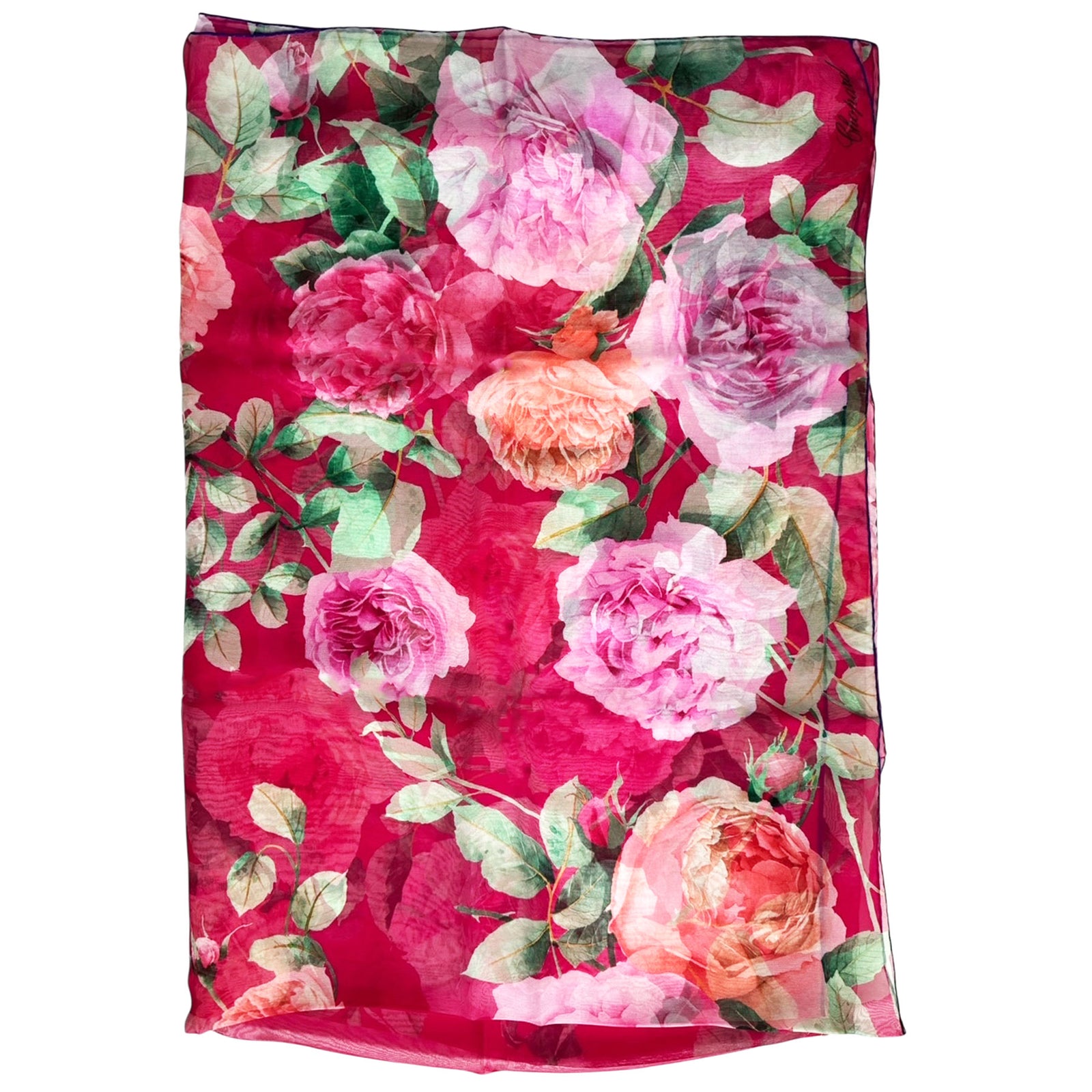 Floral scarf with pink roses and green leaves on a red background, featuring the Chopard logo.