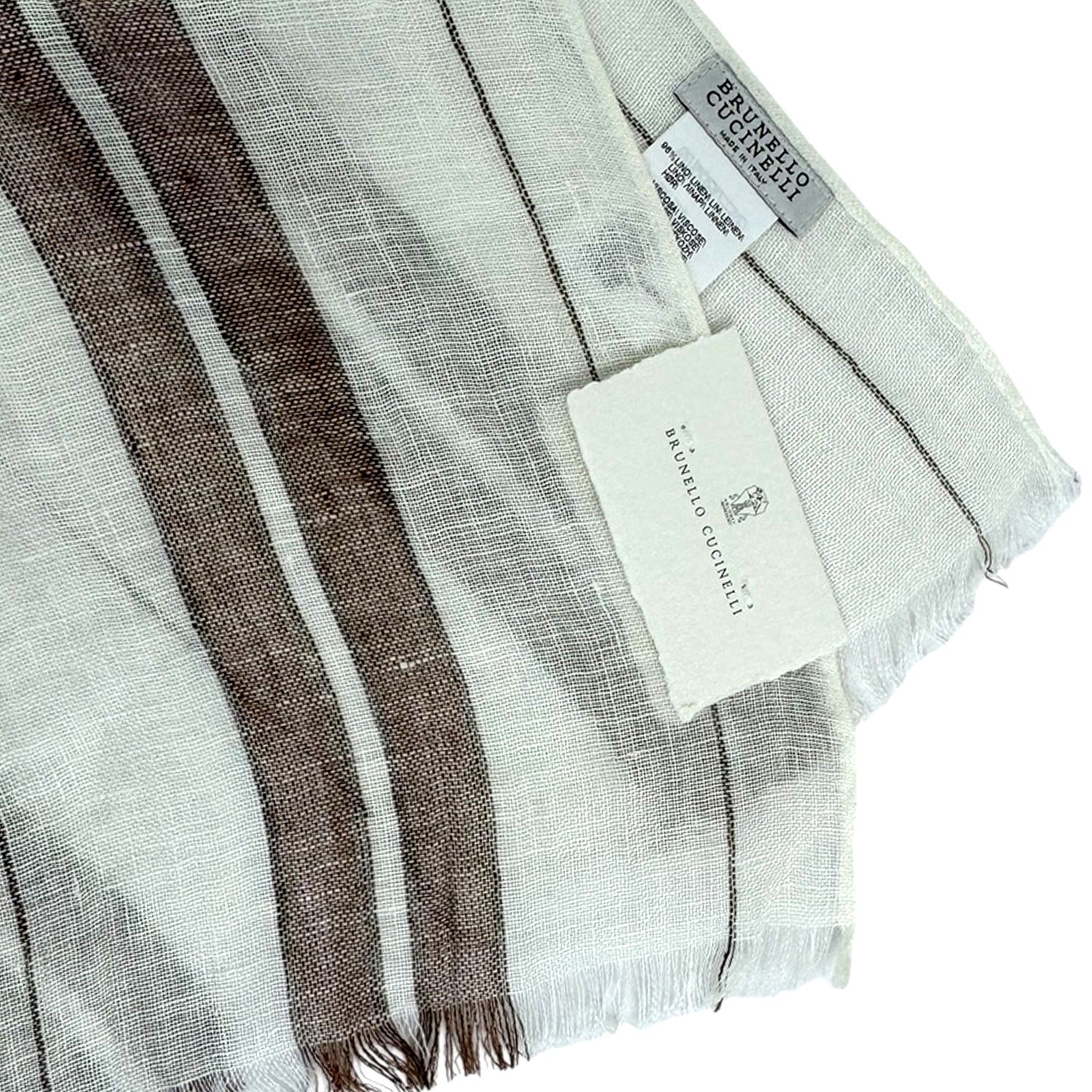 Brunello Cucinelli Linen Scarf White Brown Stripes