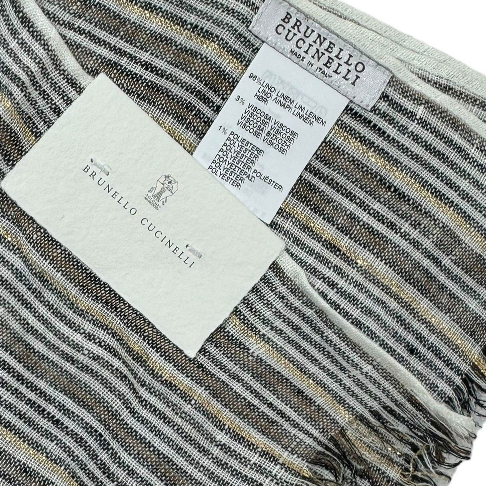 Brunello Cucinelli Linen Scarf White Gray Brown Gold Stripes - Extra Long Women Shawl SALE