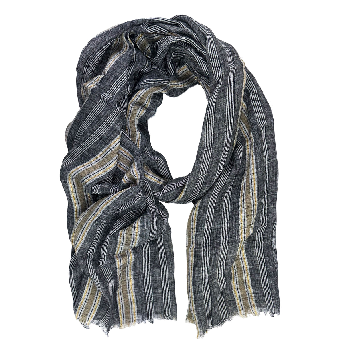 Brunello Cucinelli Scarf Black Olive-Gold Stripes - Extra Large Linen Cotten Women Shawl