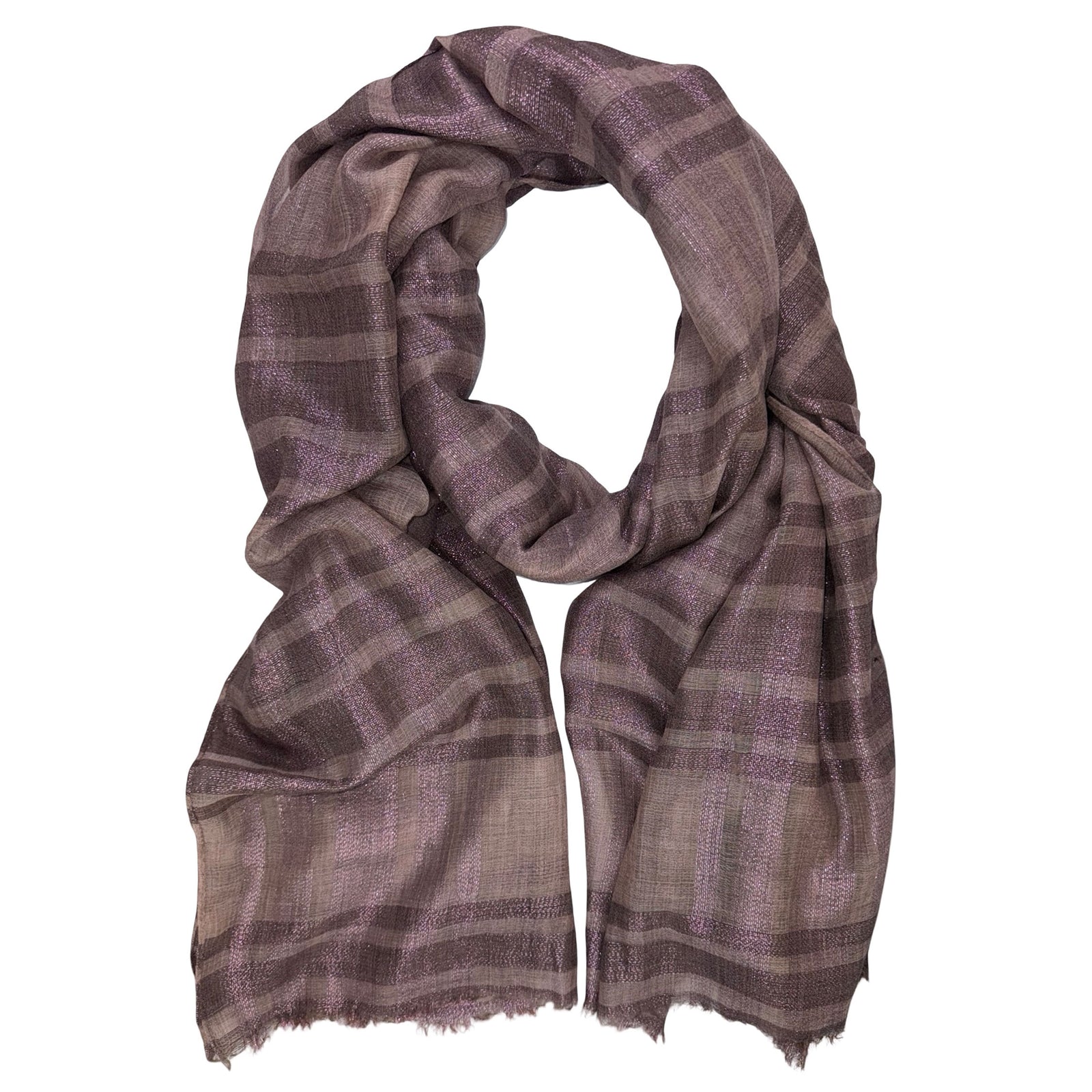  Cucinelli Scarf Pink Brown Plaid Glitter - Large Cashmere Silk Women Shawl