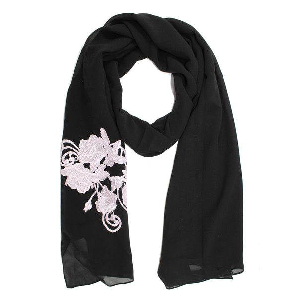 Dolce Gabbana Women Scarf Black Pink Floral Embroidery