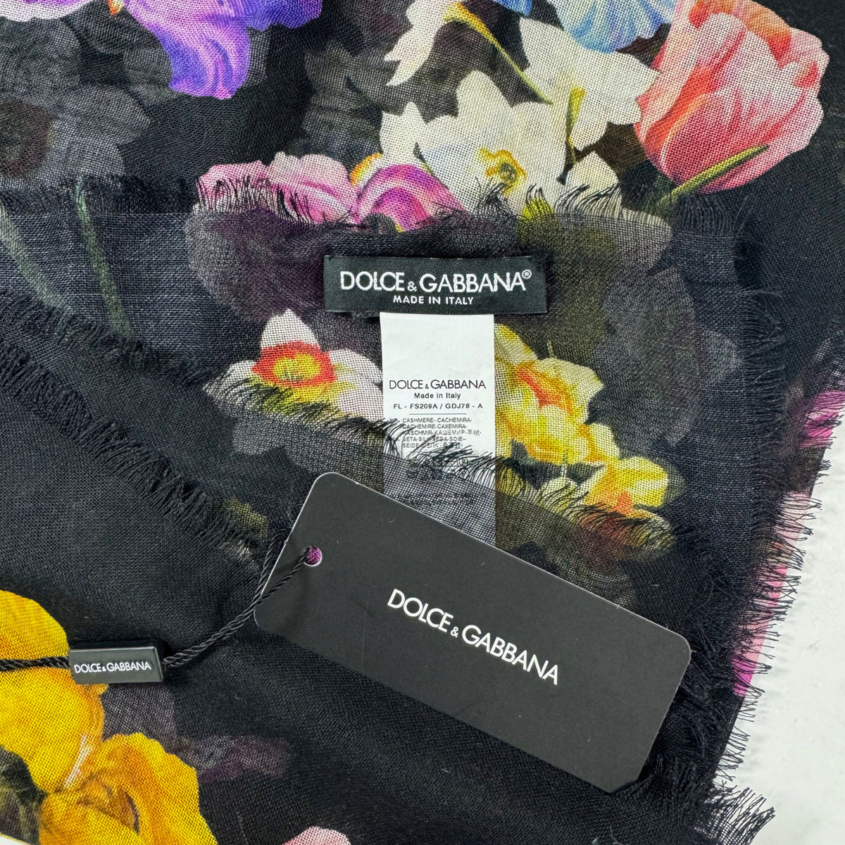 Dolce &amp; Gabbana Scarf Black Floral Extra Large Square Cashmere Silk Shawl