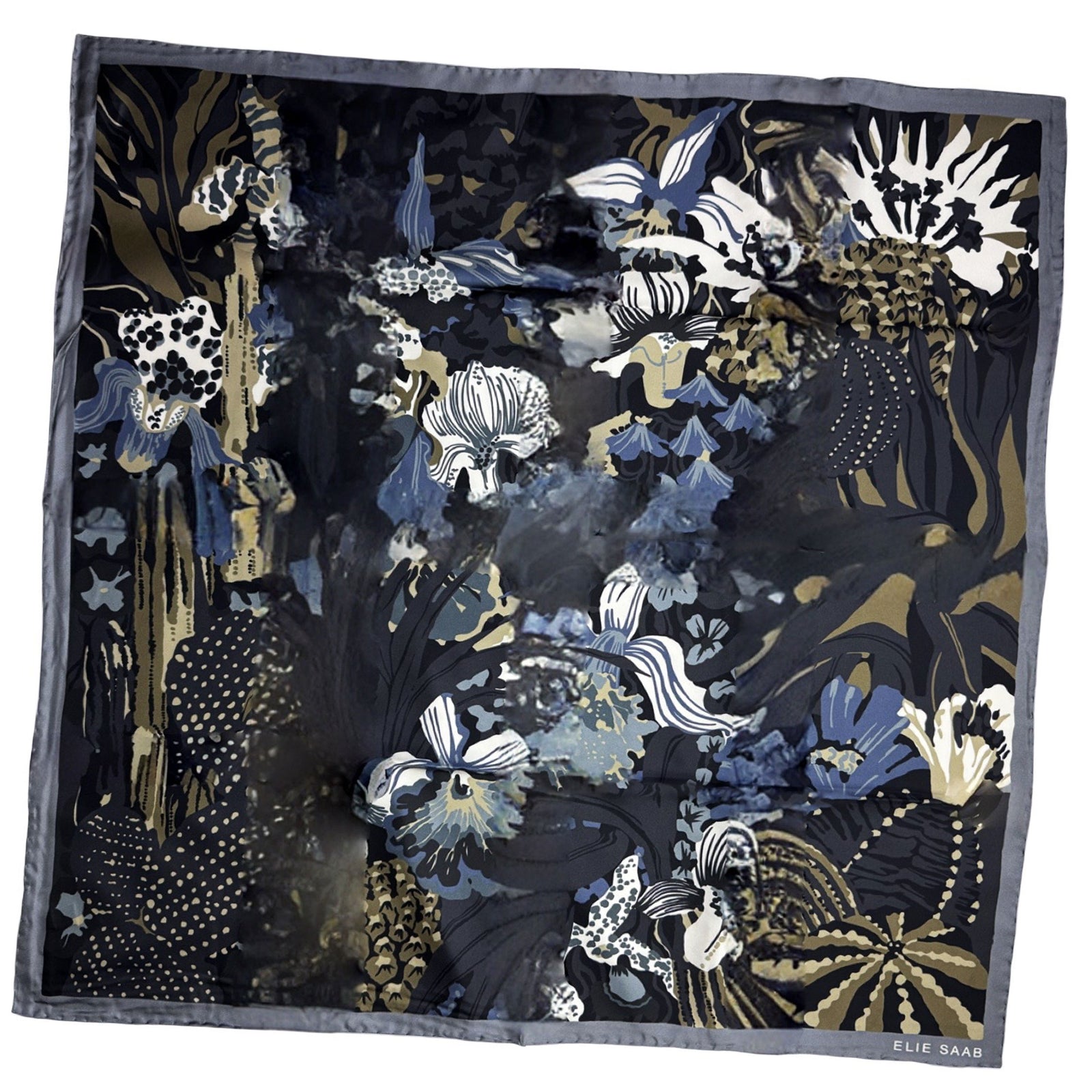Elie Saab Silk Scarf Gray Green Floral - 36 Inch Square Twill Silk Foulard
