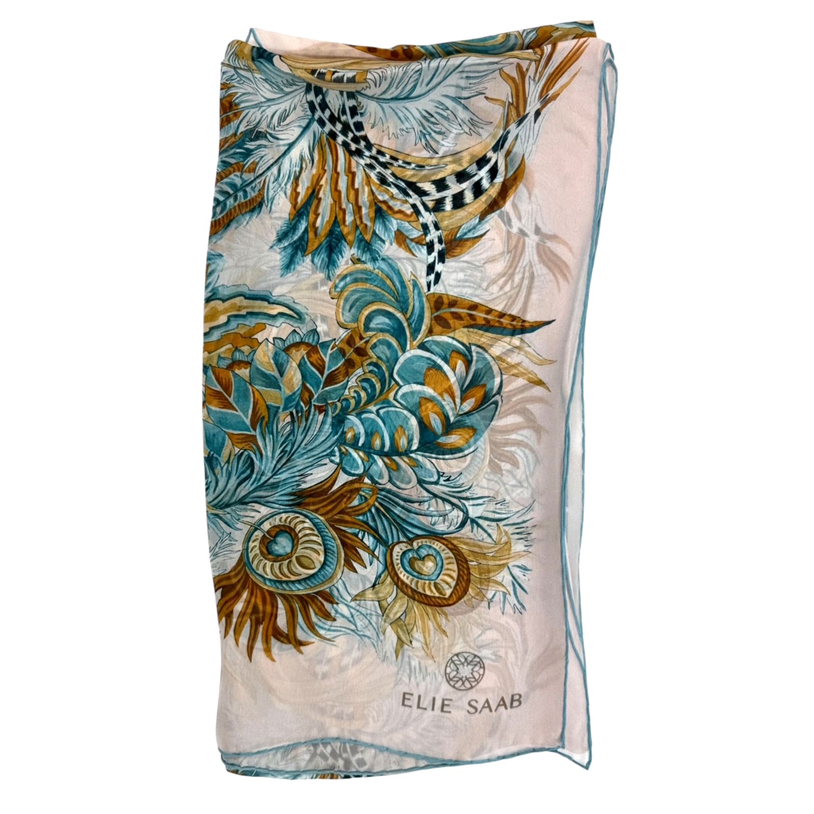 Elie Saab Scarf Scarf White Teal Olive Floral - Chiffon Silk Shawl SALE
