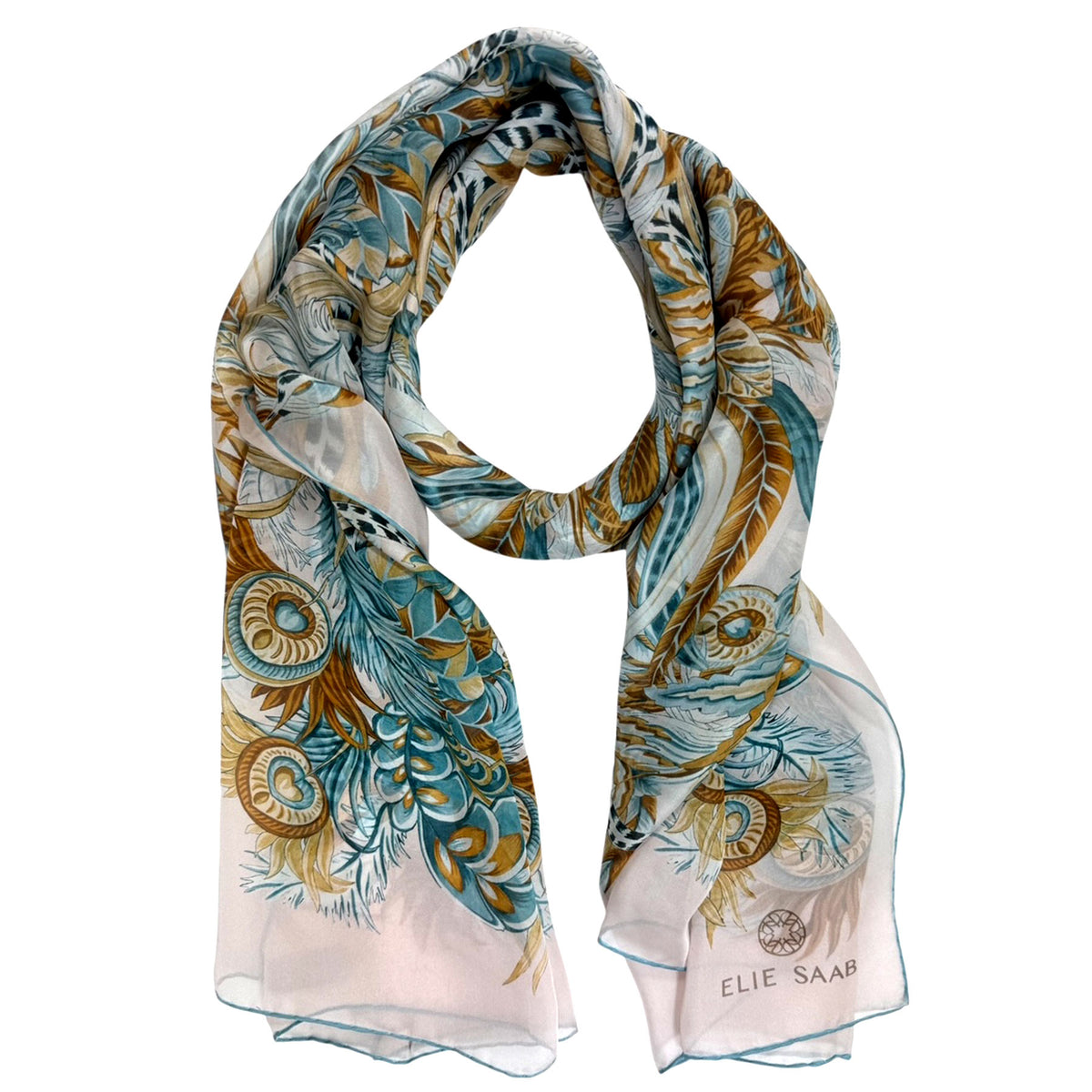 Elie Saab Scarf Scarf White Teal Olive Floral - Chiffon Silk Shawl SALE