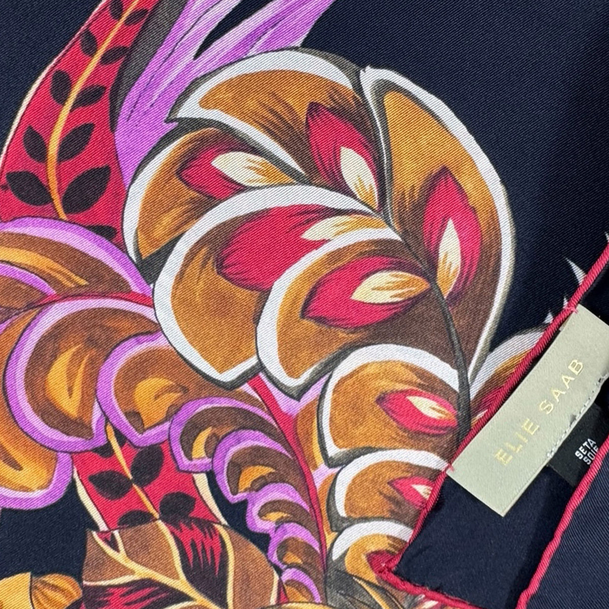 Elie Saab Scarf Black Fire Red Floral Design - Twill Silk Square Foulard