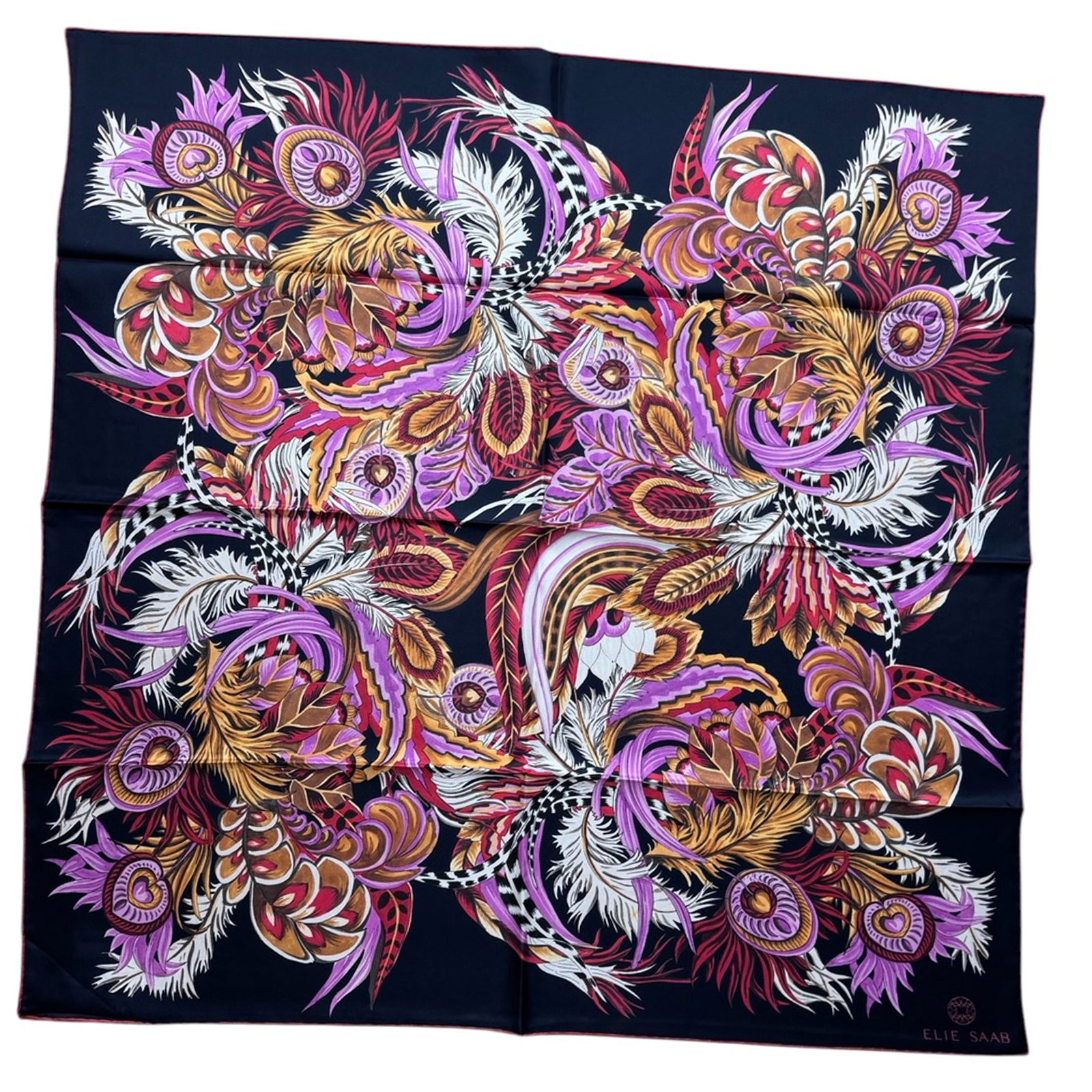 Elie Saab Scarf Black Fire Red Bouquet of Flowers - Twill Silk Square Foulard
