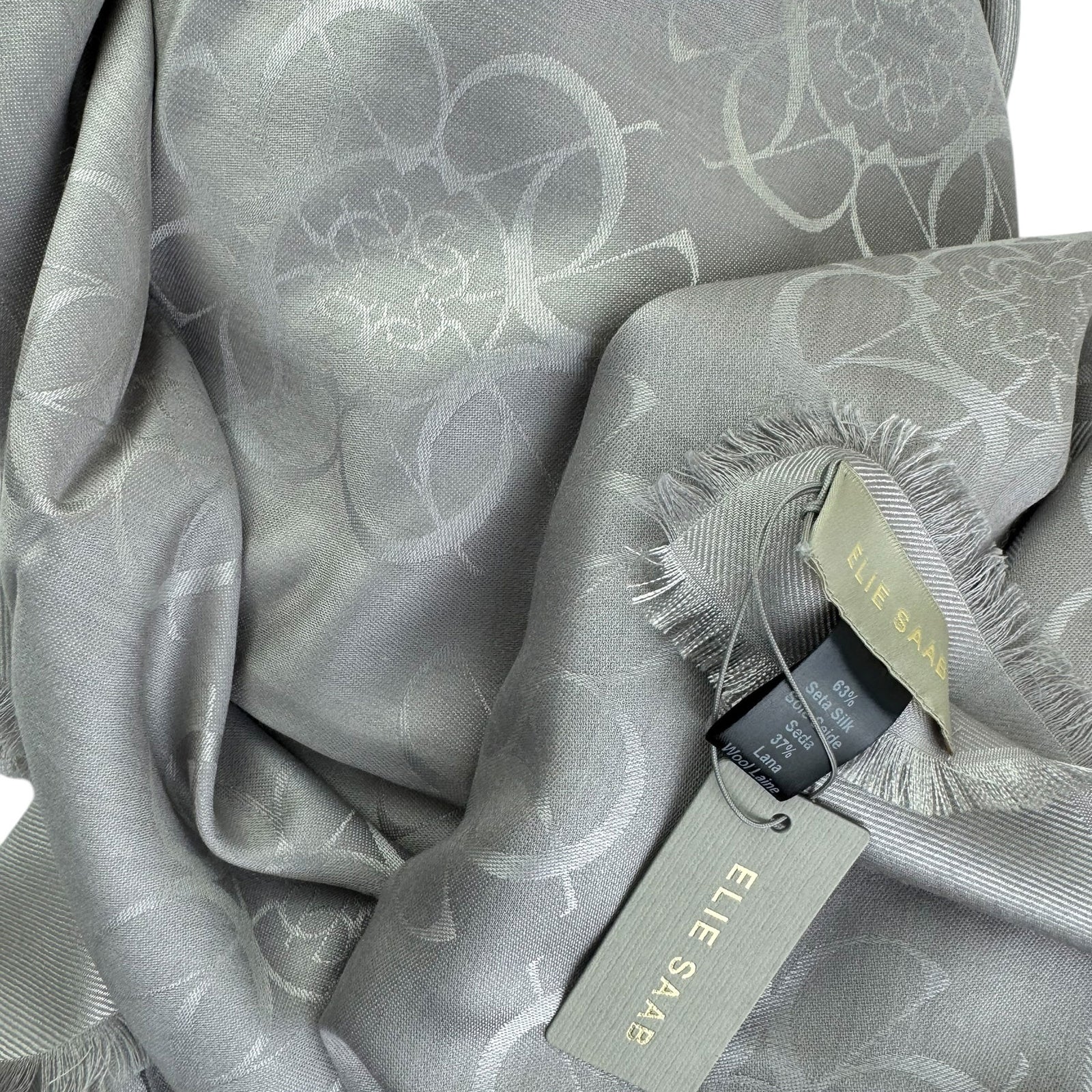 
Elie Saab Scarf Taupe Gray Tonal Logo - Extra Large Square Wool Silk Wrap
