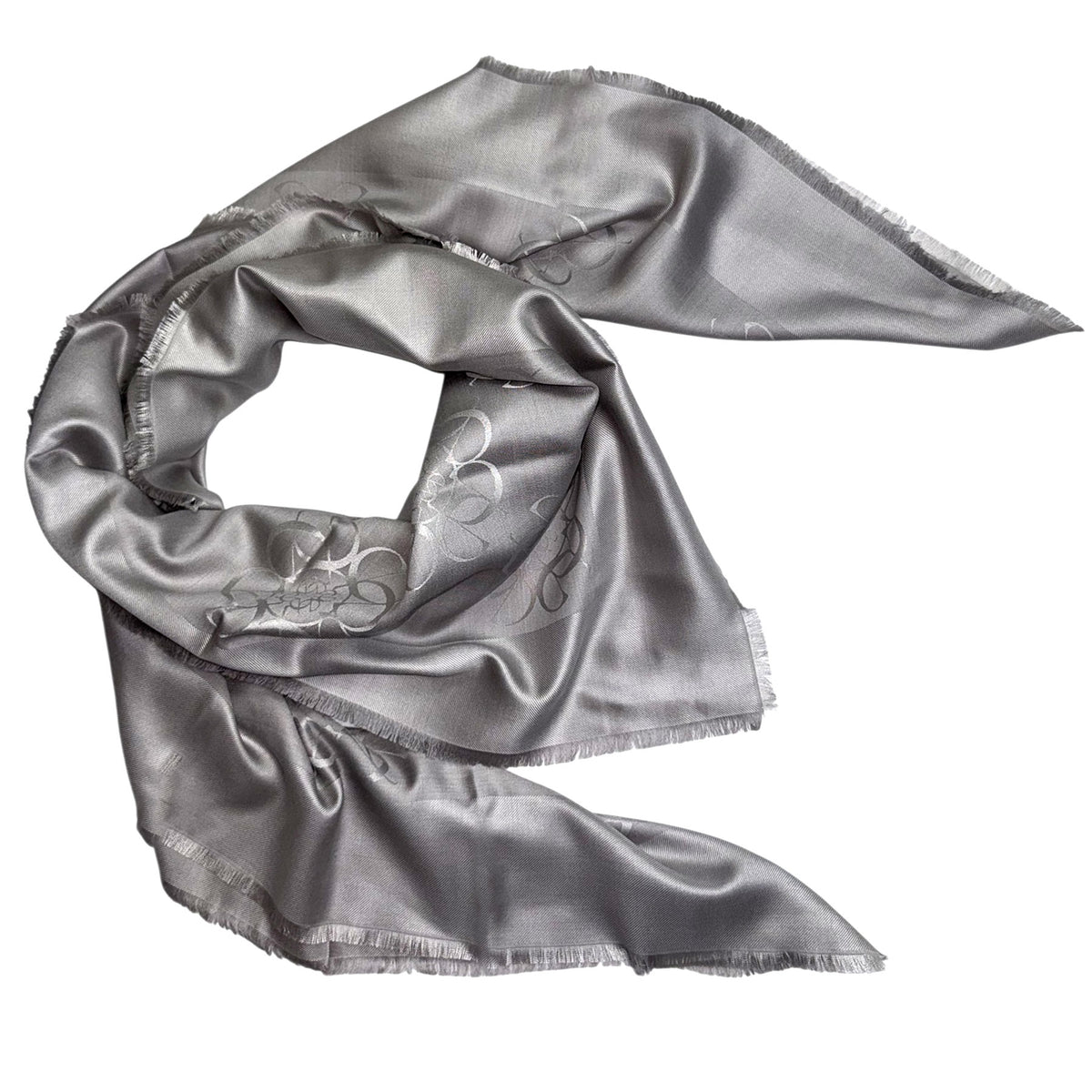 Silver scarf with brand logo on a gray background