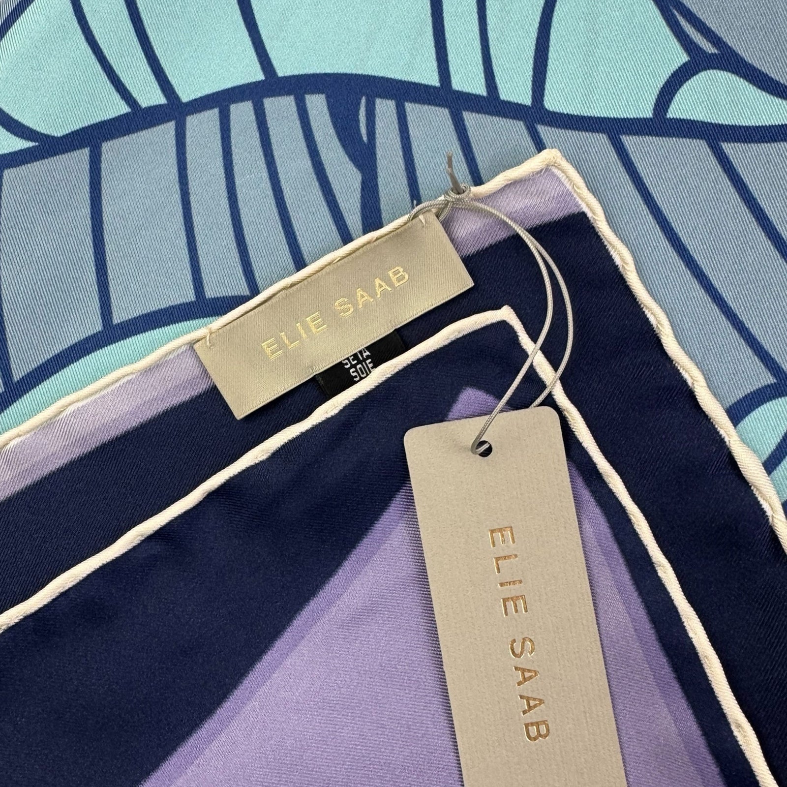 Elie Saab Scarf Navy Lilac Gray Floral - Twill Silk Square Foulard