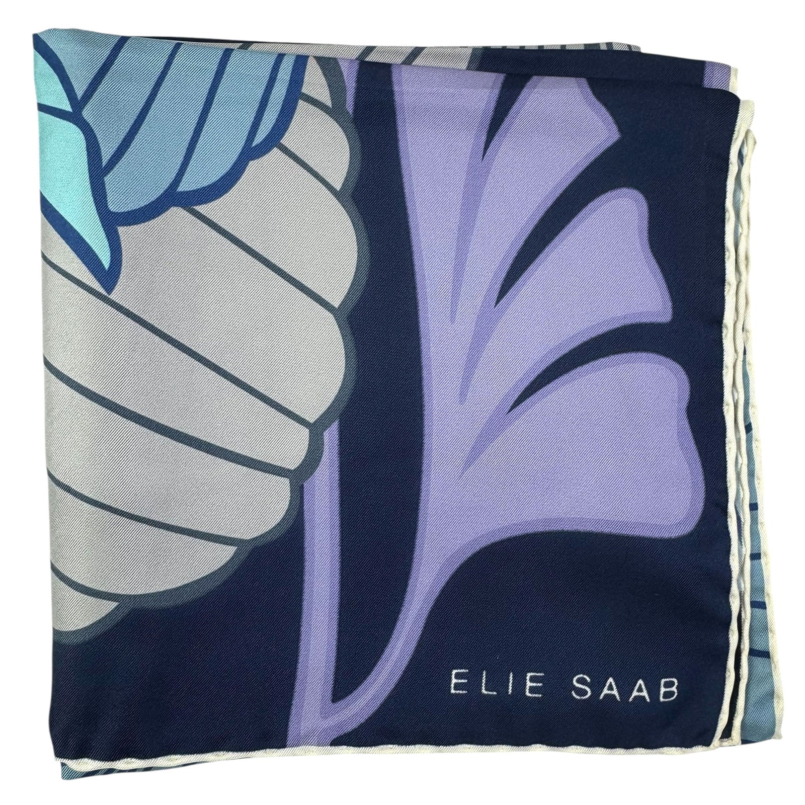 Elie Saab Scarf Navy Lilac Gray Floral - Twill Silk Square Foulard