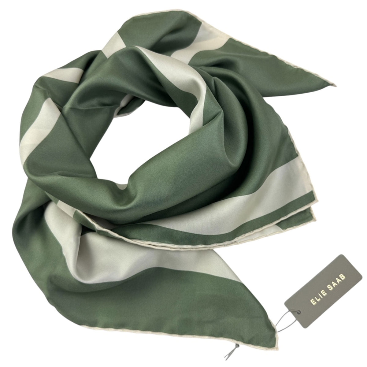 Elie Saab Scarf Sage Green White - Twill Silk Square Foulard