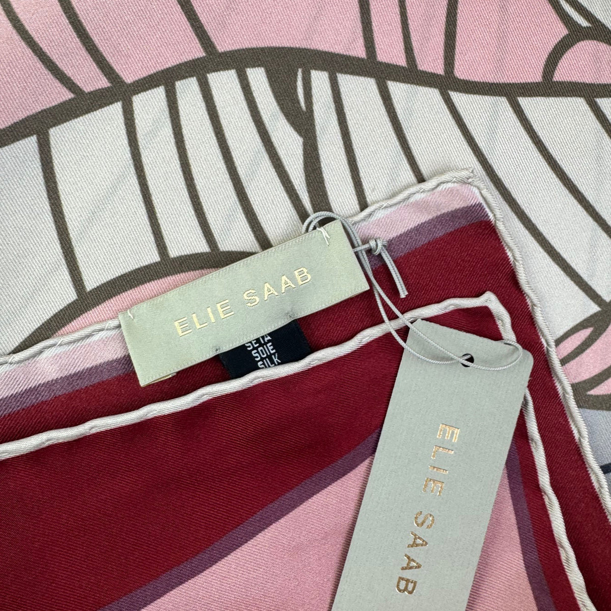 Elie Saab Scarf Bordeaux Pink Gray Floral - Twill Silk Square Foulard