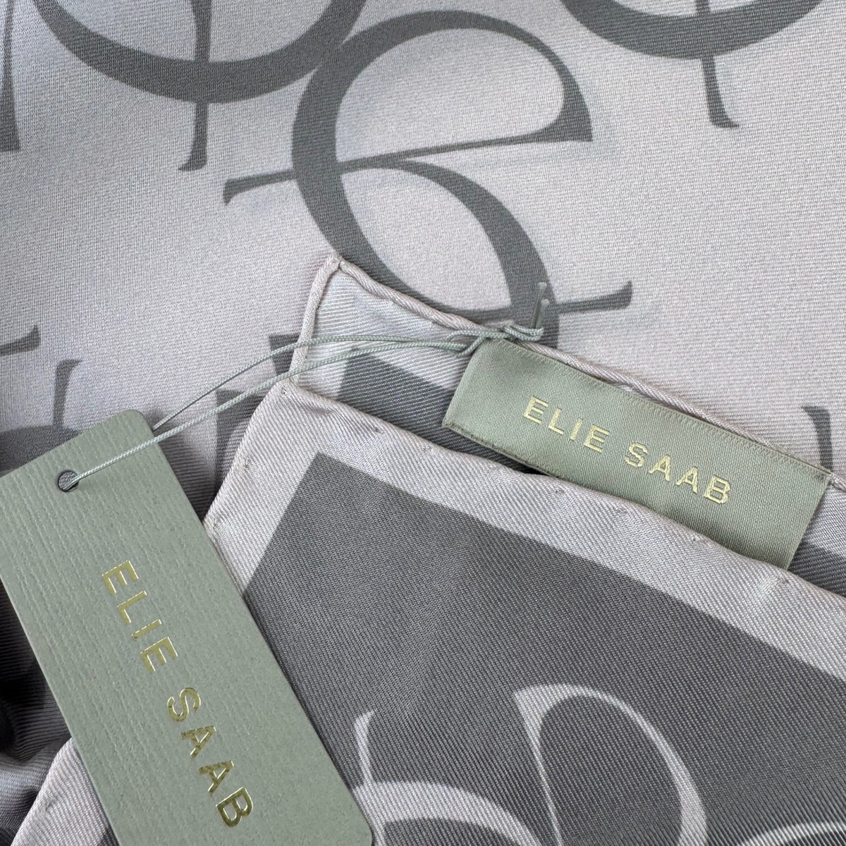 Elie Saab Scarf Signature Gray Logo Letters Design - Twill Silk Square Foulard